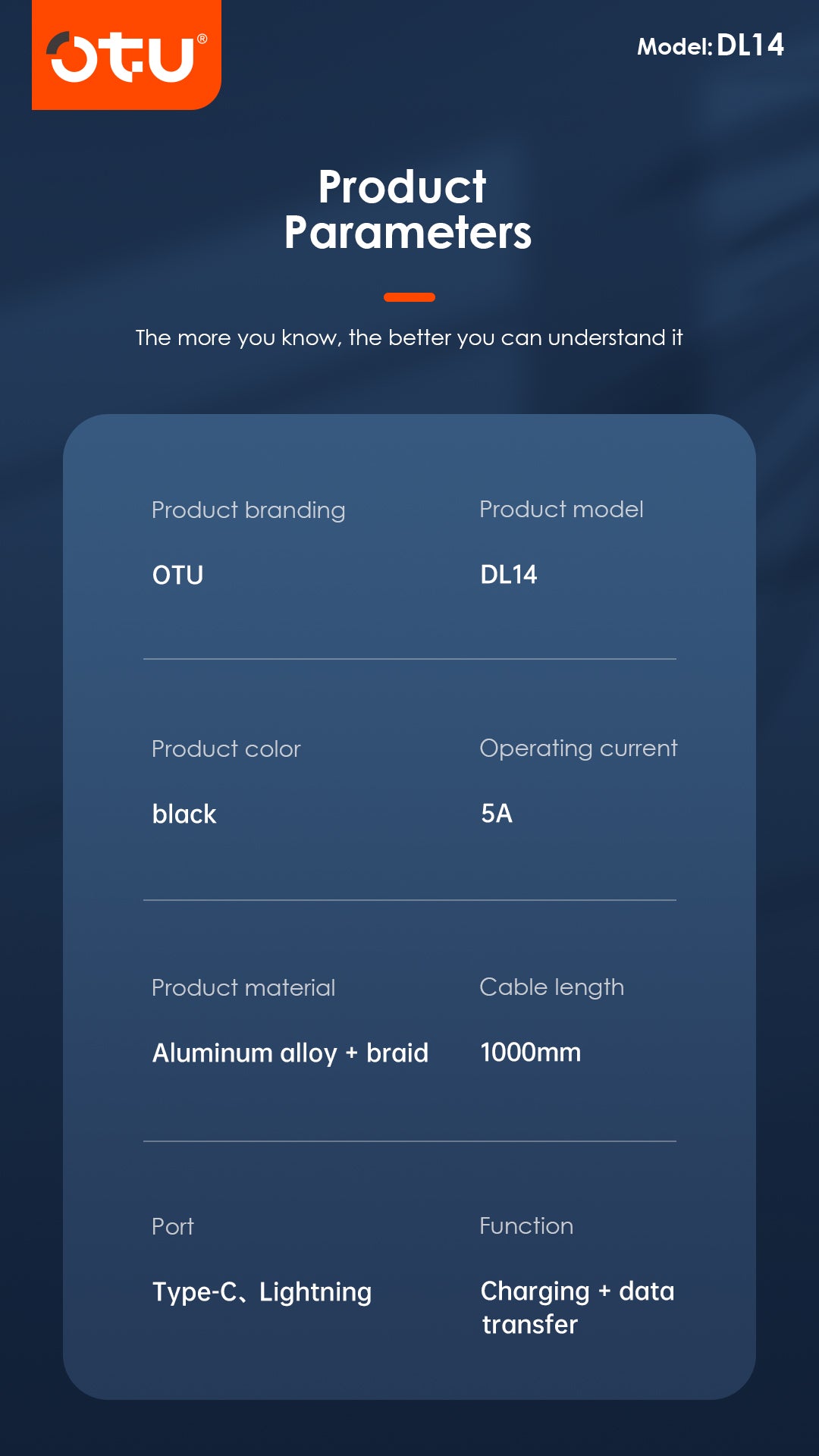 OTU DL14 5A Fast Charging Cable with Smart Chip - Safe & Durable Braided USB Cable for Quick Charge and Data Transfer