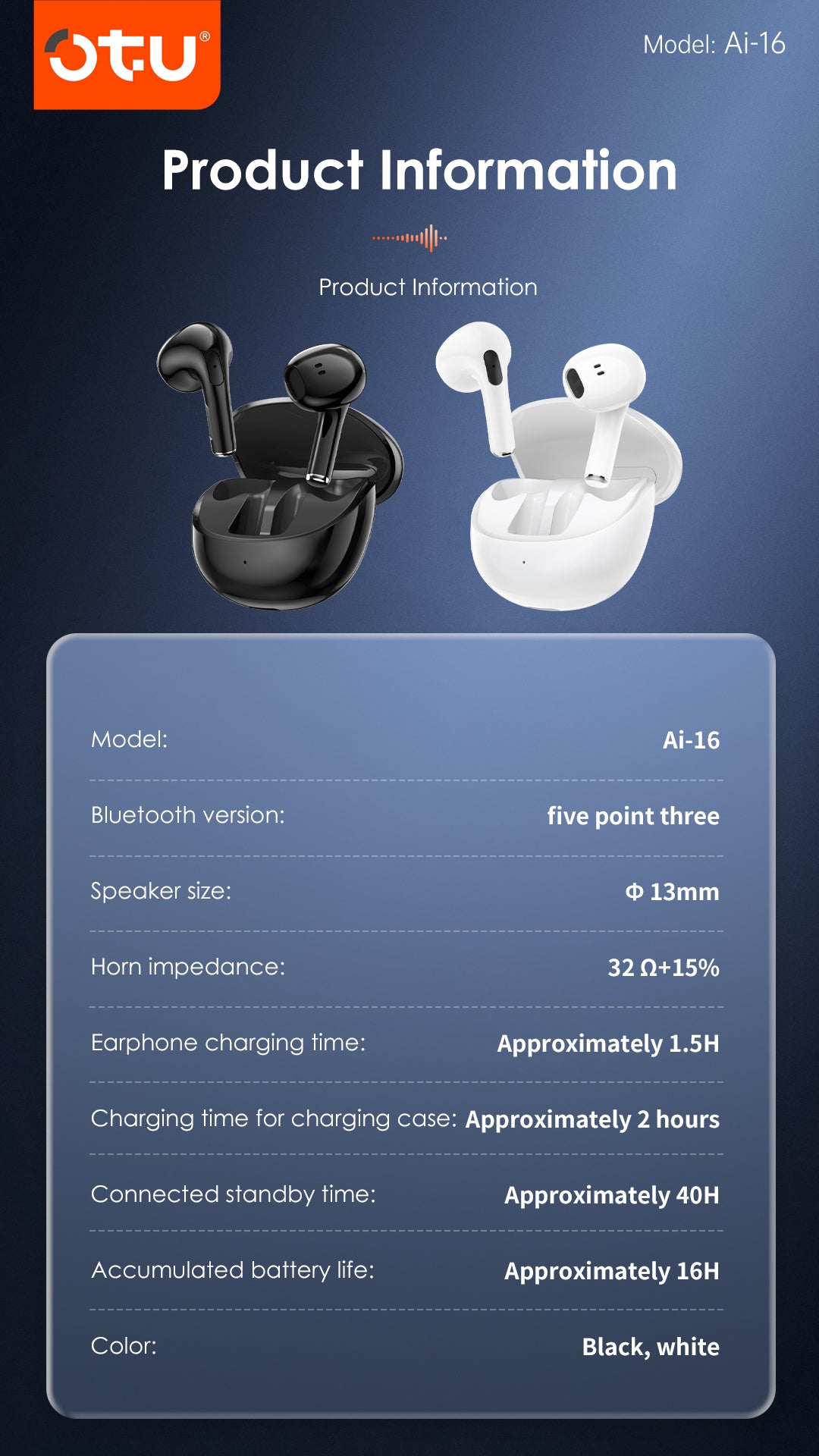 OTU AI-16 Wireless Earbuds - Bluetooth 5.3, 16H Playtime, Deep Bass, Noise Isolation, Sport Earphones for iPhone Android