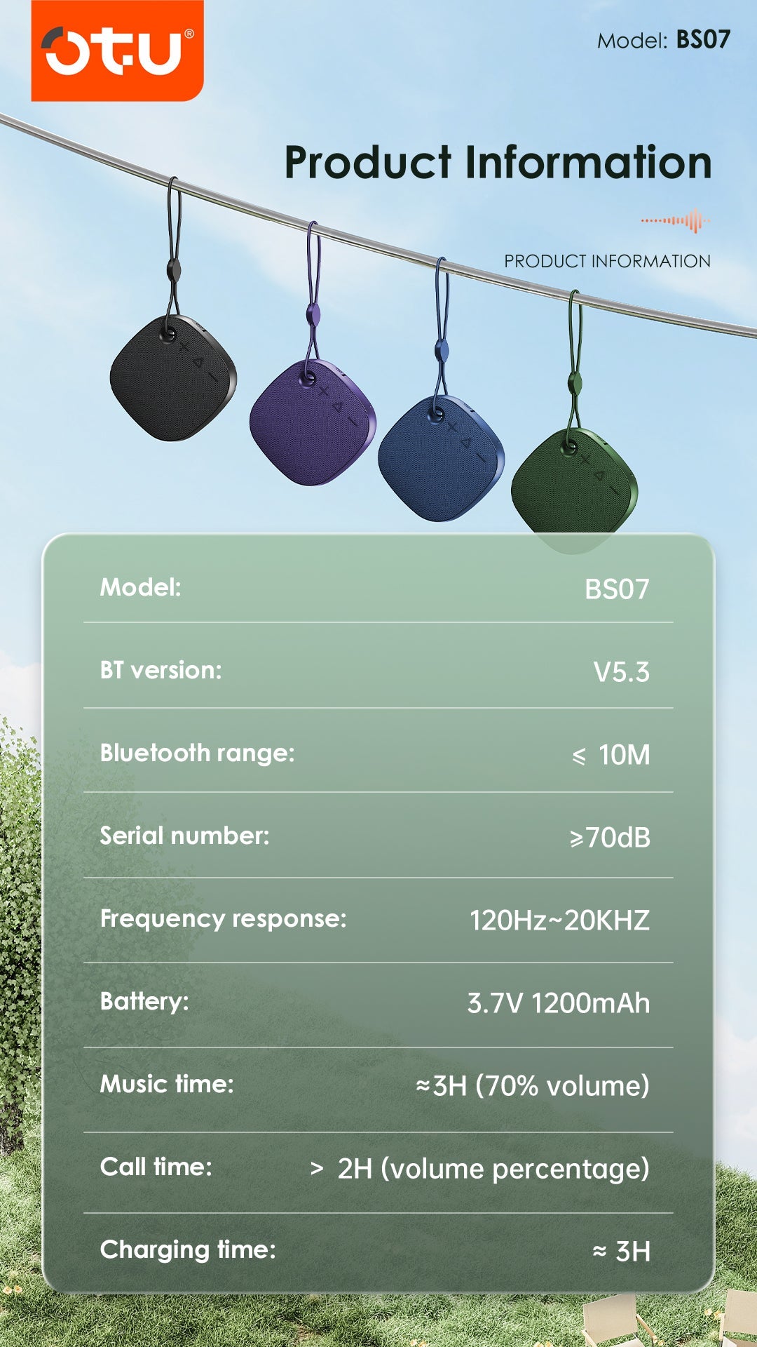 Otu BS07 Portable Bluetooth Speaker with Shocking Bass, Bluetooth 5.3, 1200mAh Battery for Outdoor Travel and Music