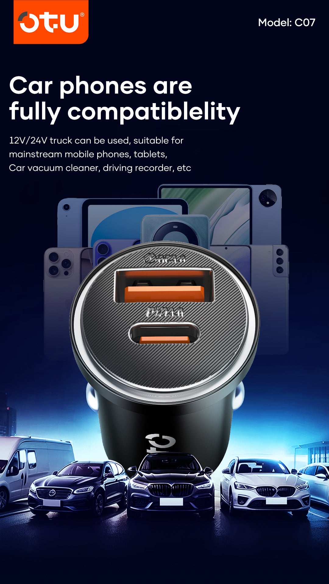 OTU CO7 30W Metal Car Charger – Dual Port USB C & USB A Fast Charger with Smart Chip for Cars & Trucks