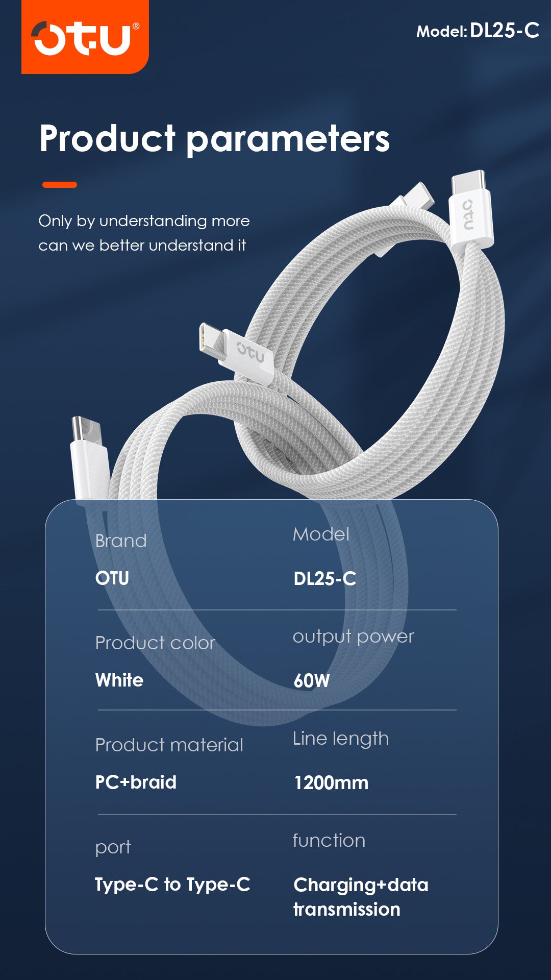 OTU DL25 60W USB-C to USB-C Fast Charging Cable PD Compatible with Apple 15 - Braided Durable & Data Sync