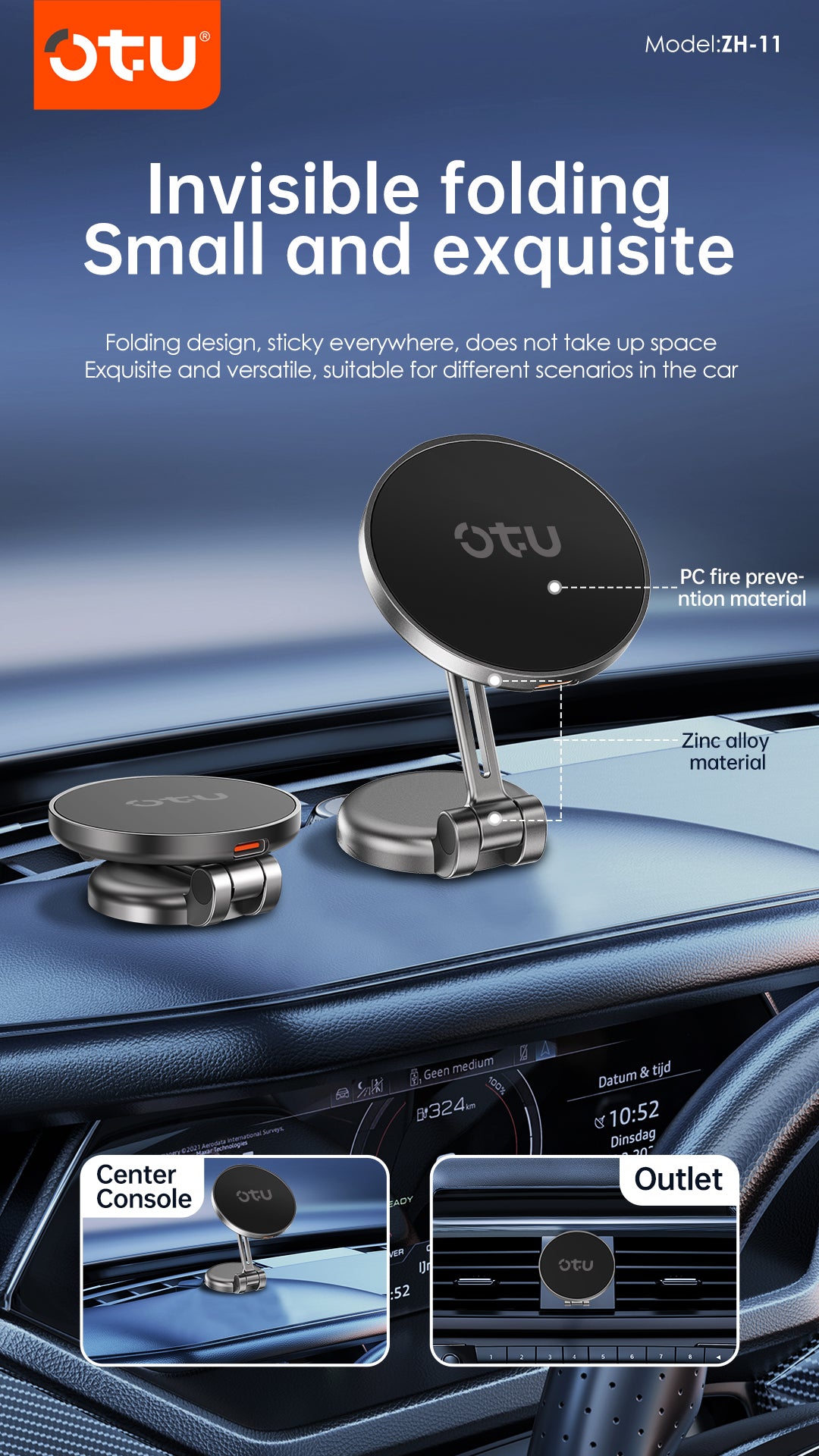 OTU ZH11 15W Magnetic Wireless Car Charger Mount - Fast Charging, 360° Rotation, for All MagSafe iPhones