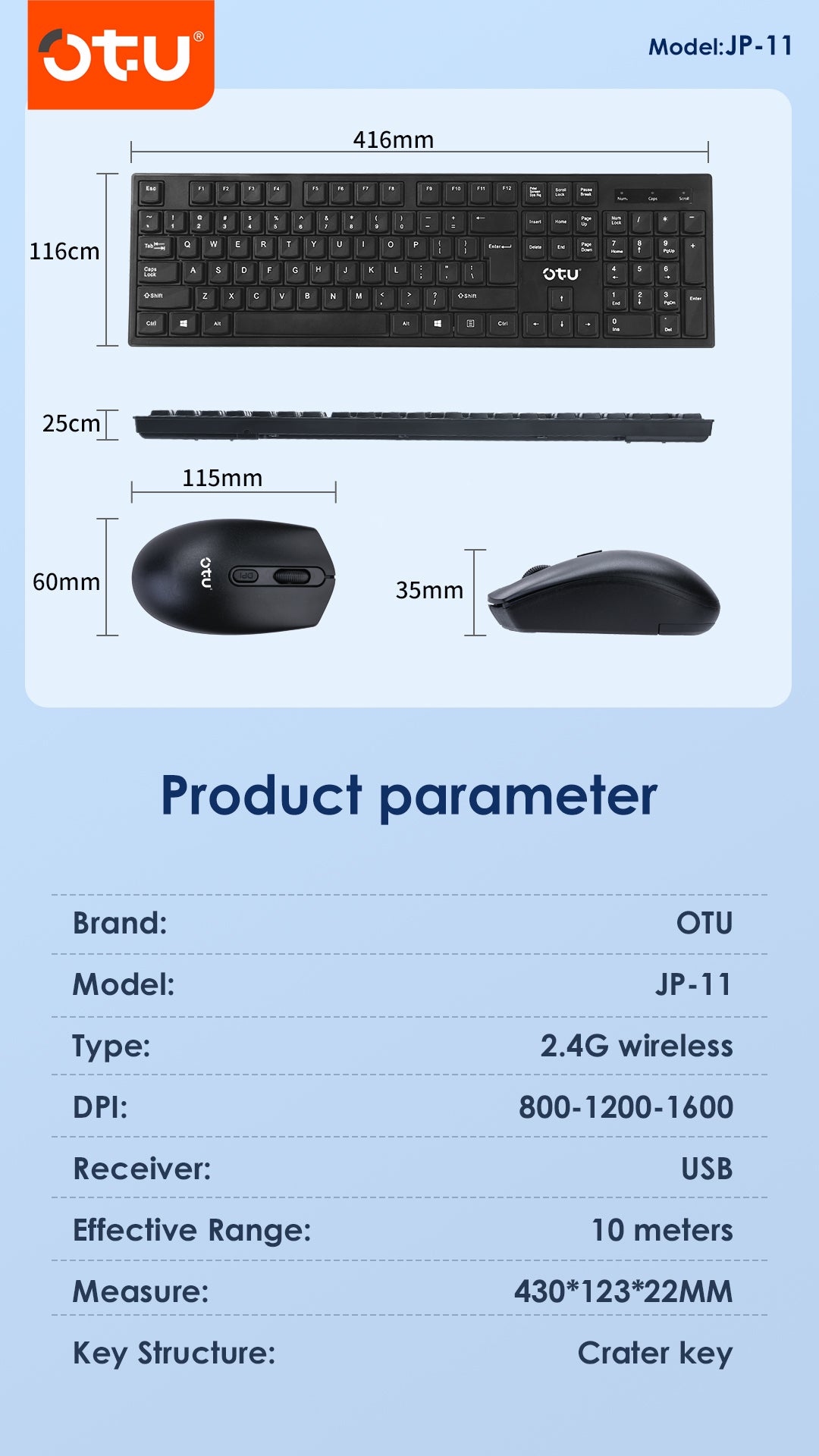 OTU JP-11 Wireless Keyboard with 104 Keys & Multimedia Shortcuts – 2.4G Plug & Play for Office & Gaming