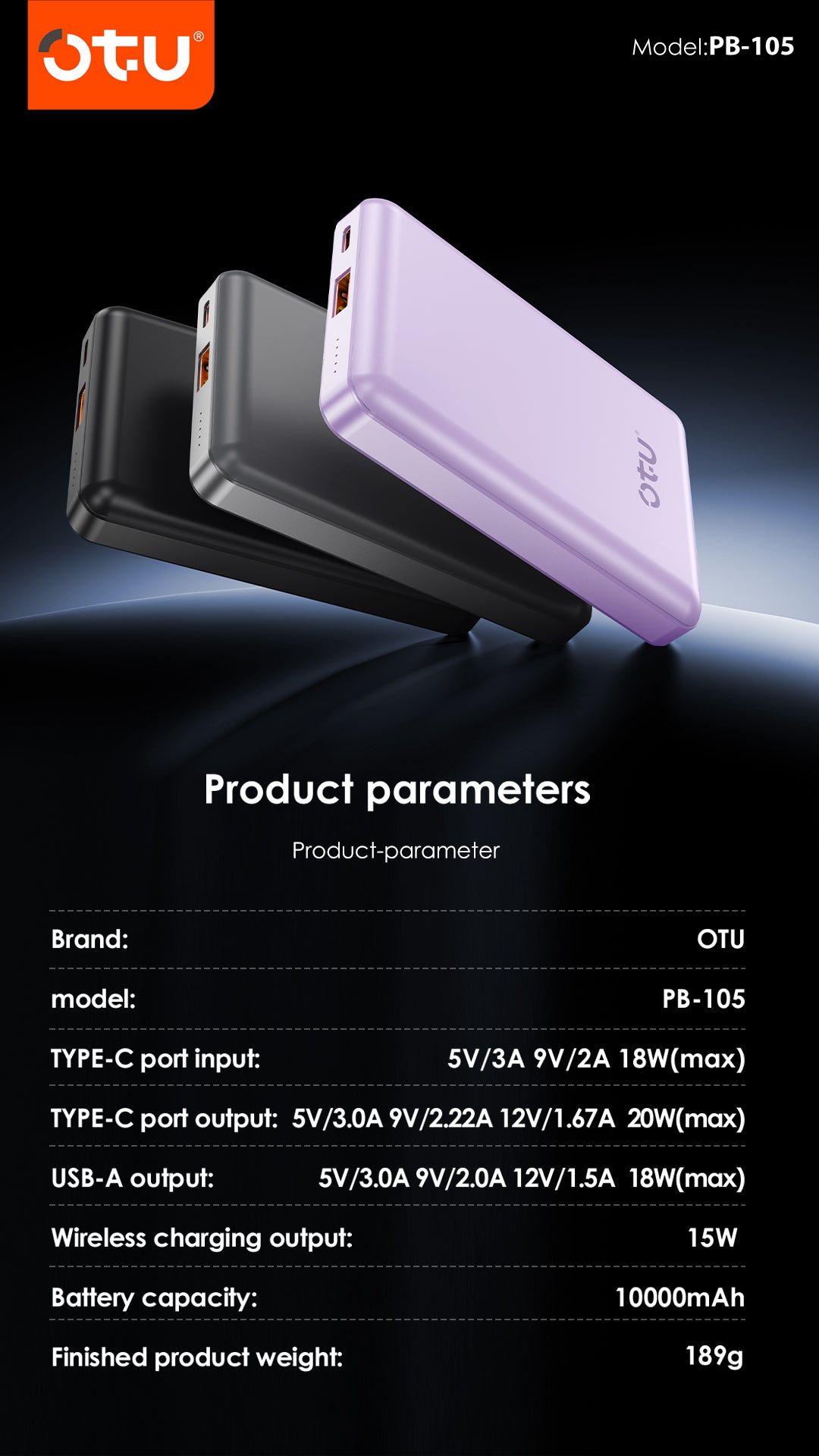 OTU PB105 power bank with cable, 22.5W fast charging, lanyard power bank,  compact power bank, iPhone charger, Android charger, Type-C power bank, travel charger, battery pack with display, slim power bank, emergency charger, mobile accessory