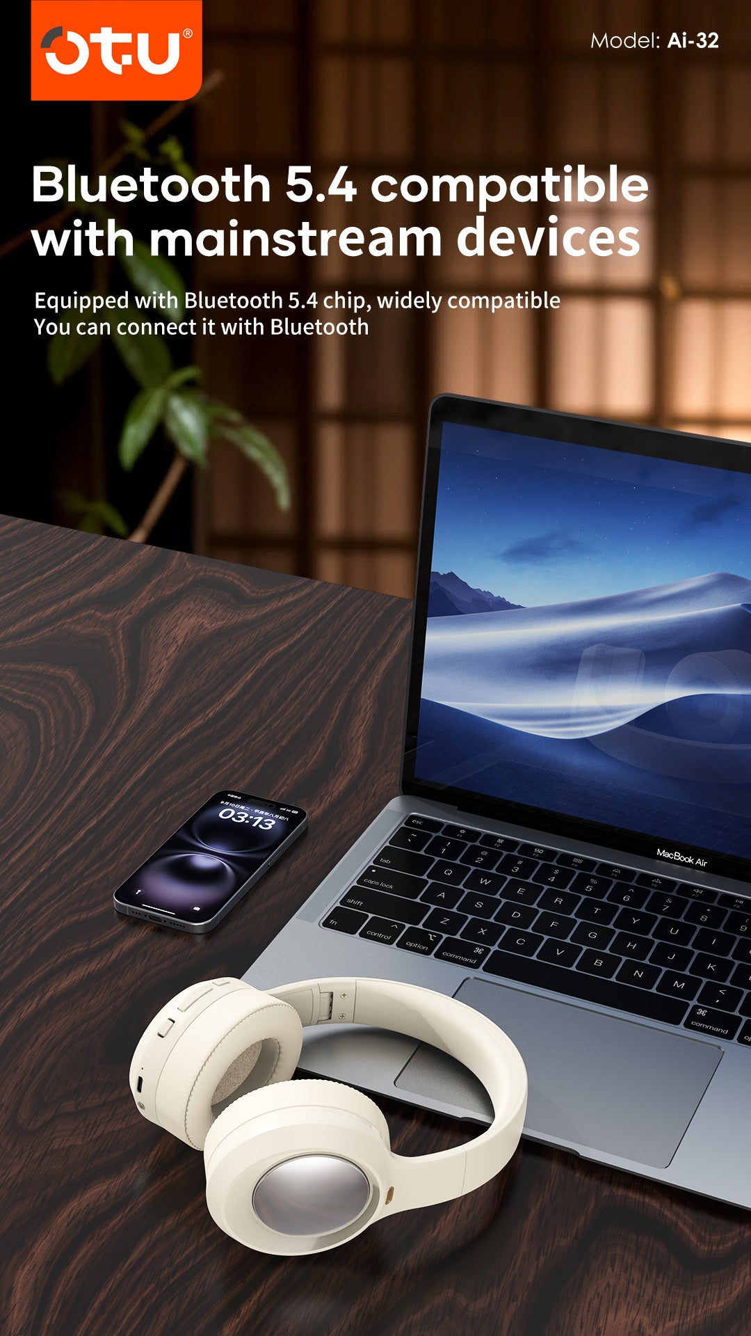 OTU Ai-32 Bluetooth Headphones - 30H Playtime, ENC Noise Cancelling, Foldable, Hi-Fi Sound, Bluetooth 5.4