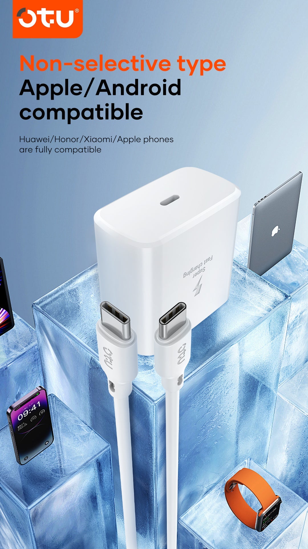 OTU AU09 45W PD Fast Charger Wall Plug - USB-C Power Adapter Block for iPhone 15/14/13, Samsung Galaxy, iPad, Huawei, Xiaomi & More | Super Fast Charging with TPE Cable Included