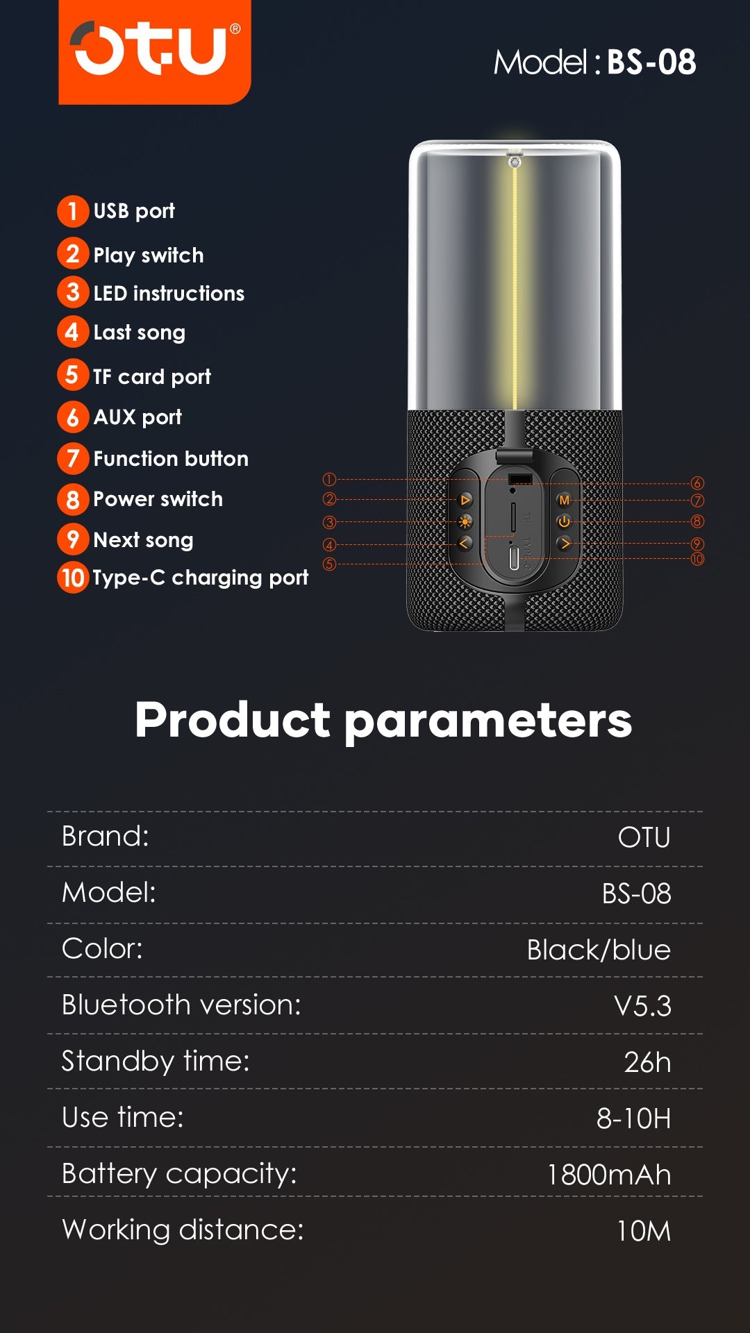 OTU BS-08 Bluetooth Speaker with Flowing LED Lights, 360° Stereo Sound, 10H Playtime, Bluetooth 5.3, Portable Wireless Speaker for iPhone/Android