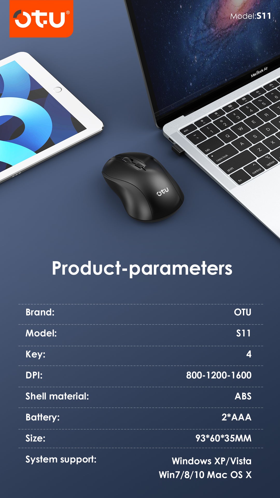 OTU S11 Wireless Mouse, 2.4G Silent Click Ergonomic Mouse with 3 Adjustable DPI, 3D Anti-Slip Scroll for PC, Laptop, Mac, Windows & mac IOS