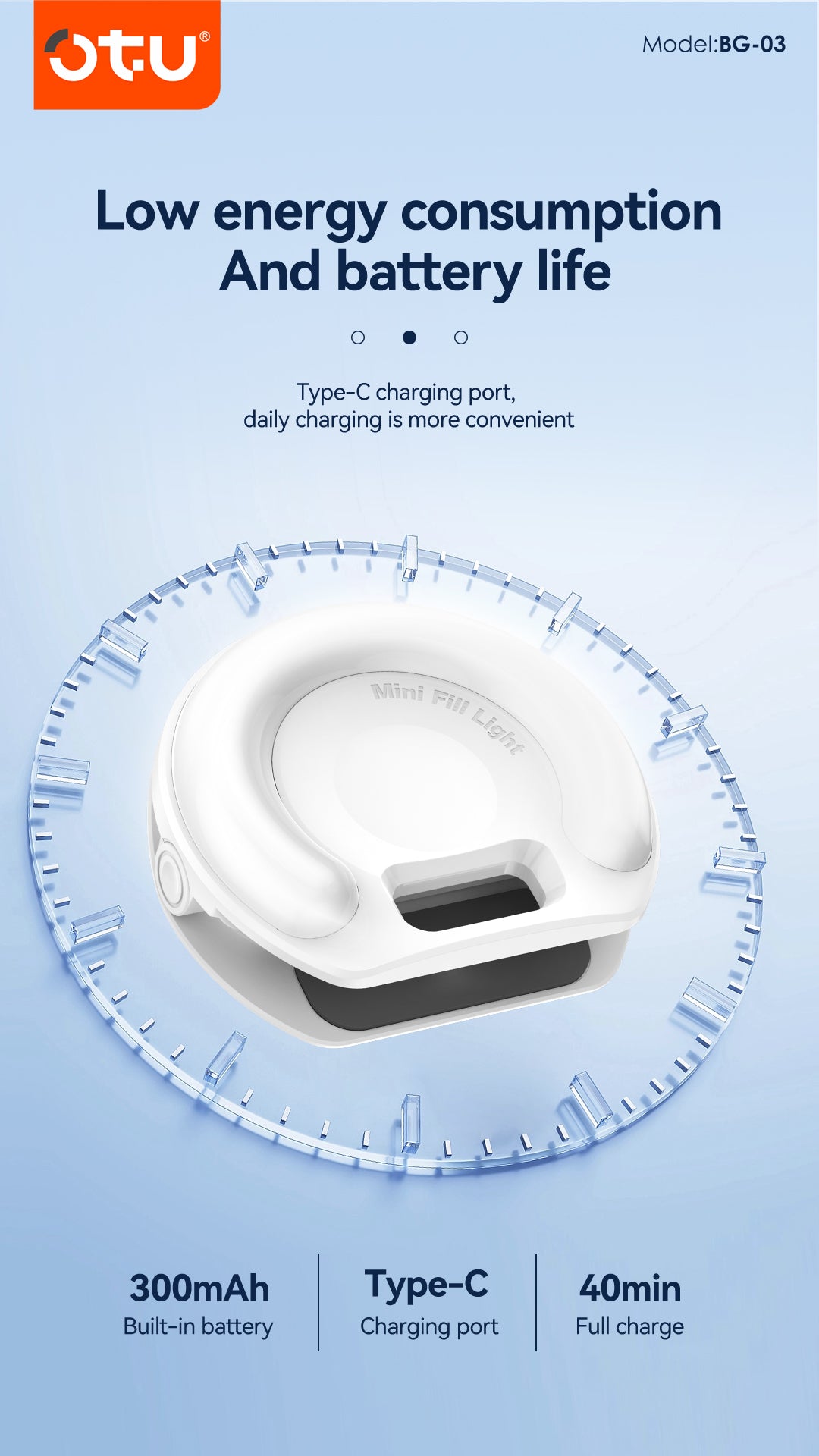 OTU BG03 Mini Selfie Fill Light for Phone & Laptop - Portable Clip-On Camera Light with Type-C Charging
