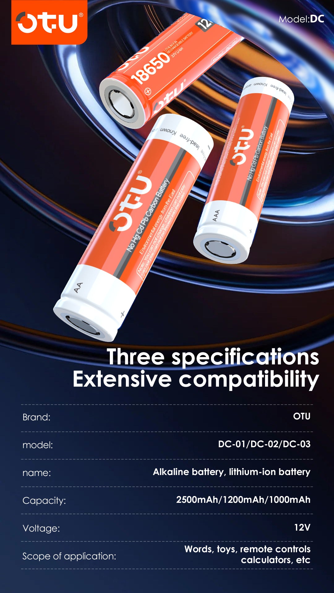 OTU DC01 Rechargeable Lithium Batteries - 300+ Cycles, High Capacity for Smart Home, Toys & More (DC-01/02/03)