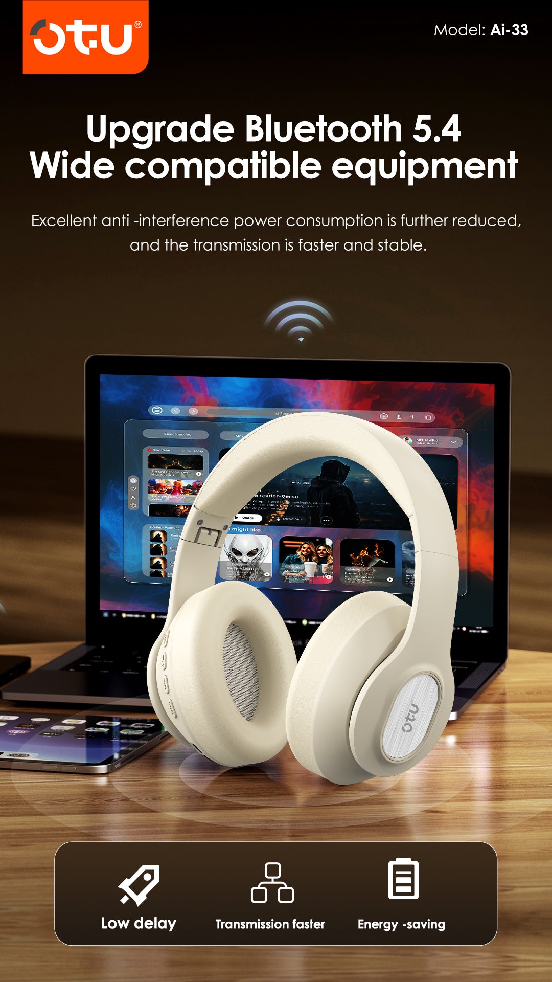 OTU Ai-33 ANC Wireless Headphones - 50H Battery, Active Noise Cancelling, Bluetooth 5.4, Foldable, Hi-Fi Sound