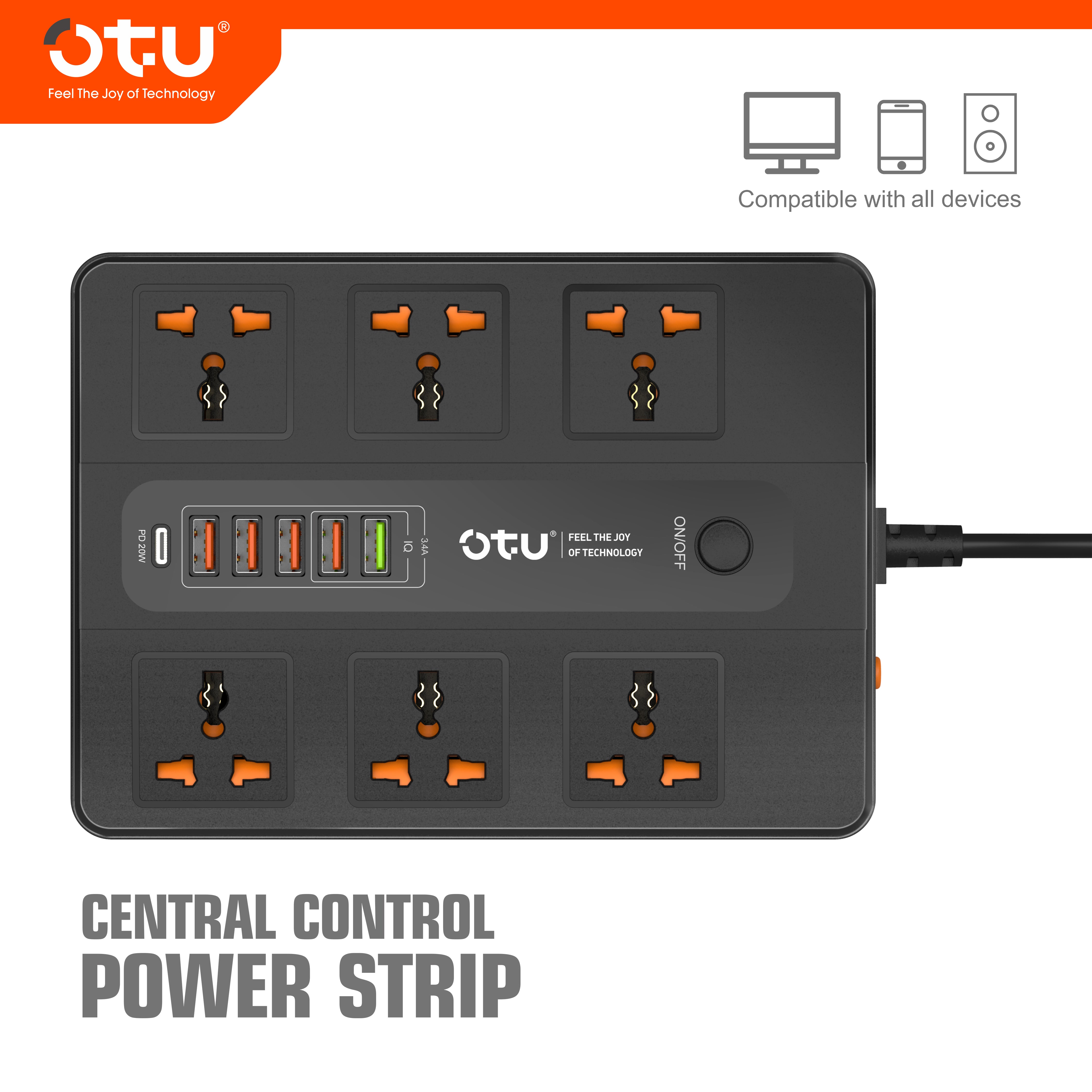 OTU BK04 Master Control Power Strip with 20W PD USB-C, Universal Outlets, Wide Spacing, 3000W for Desktop