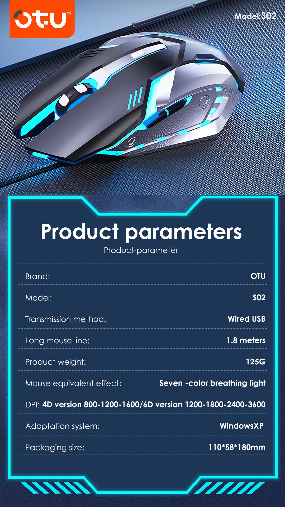 OTU S02 Wired Gaming Mouse – 7 Color RGB Breathing Light, 4 DPI Settings, Ergonomic, Silent Click