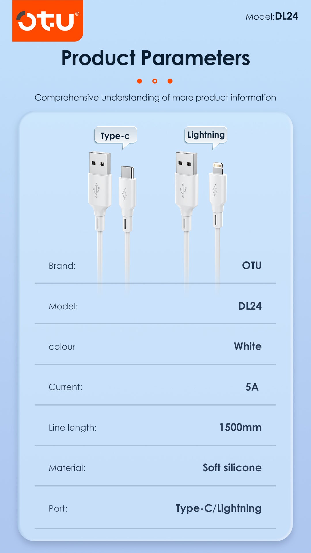 OTU DL24 5A Super Fast Charging Cable 1.5M - Ultra Soft Silicone USB Cable for Type-C & Lightning, High Speed Data Sync & Safe Charging