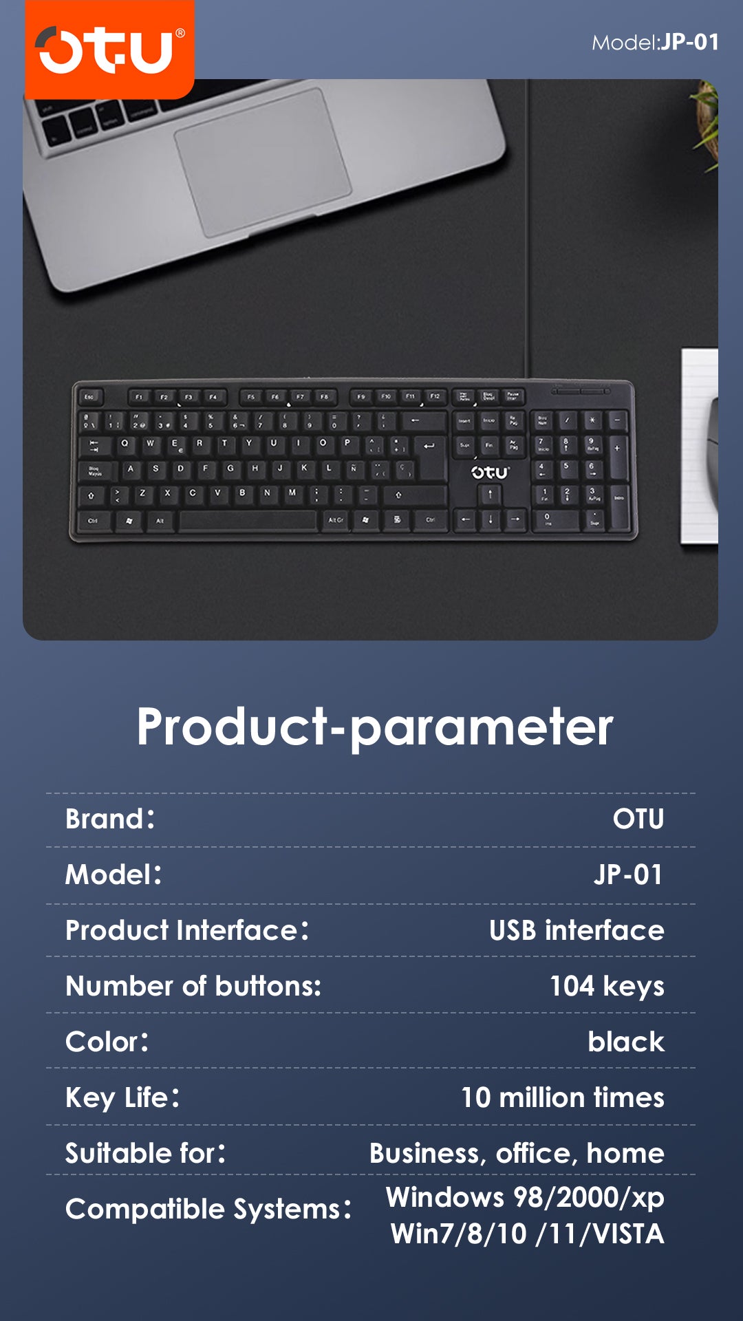 OTU JP-01 Wired Keyboard with U-Shaped Keycaps – Comfort Typing, Plug & Play for PC/Mac