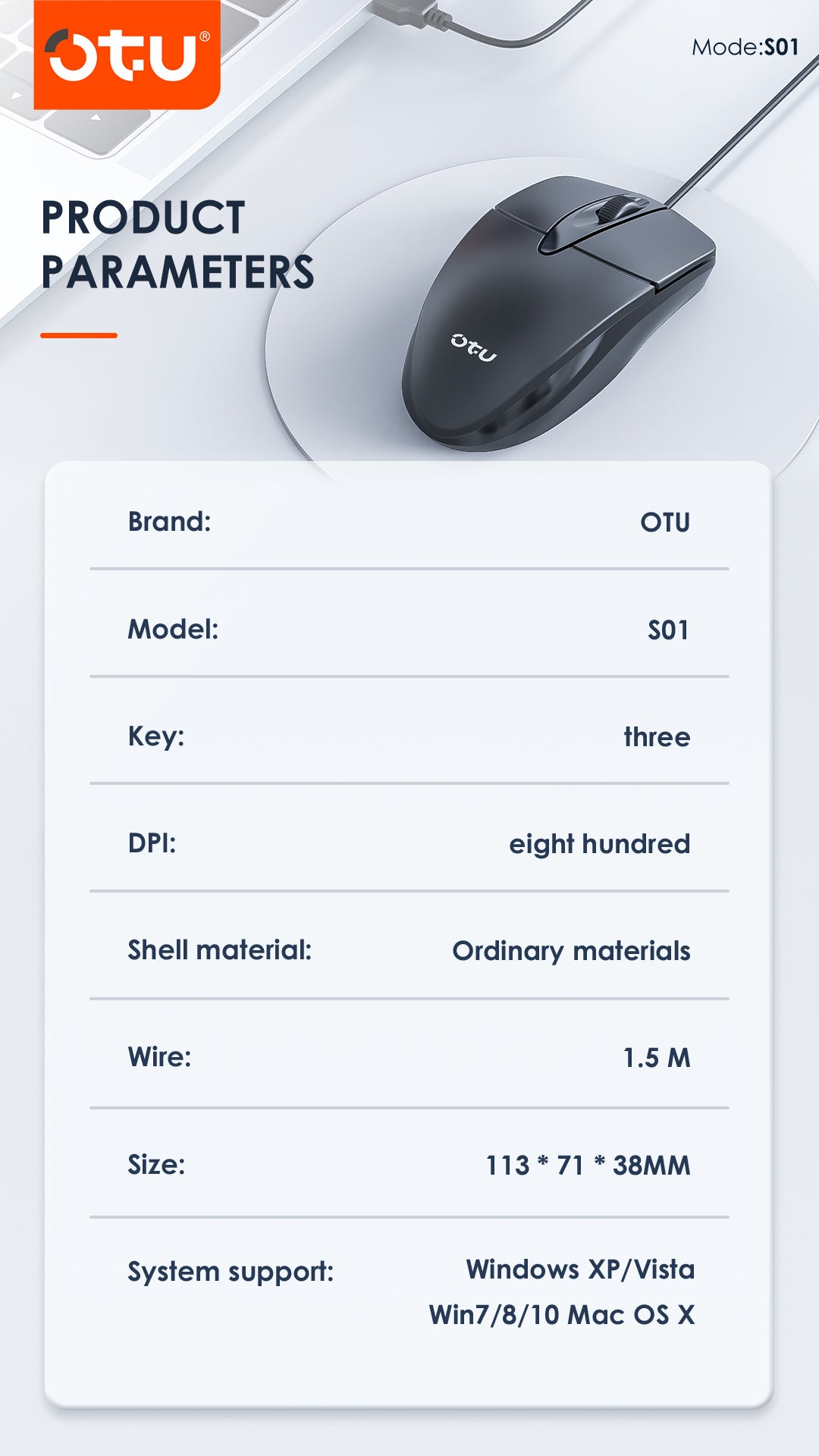 OTU S01 Ultra-Quiet USB Computer Mouse - Ergonomic, 8 Million Clicks, Plug & Play for PC, Mac, Laptop