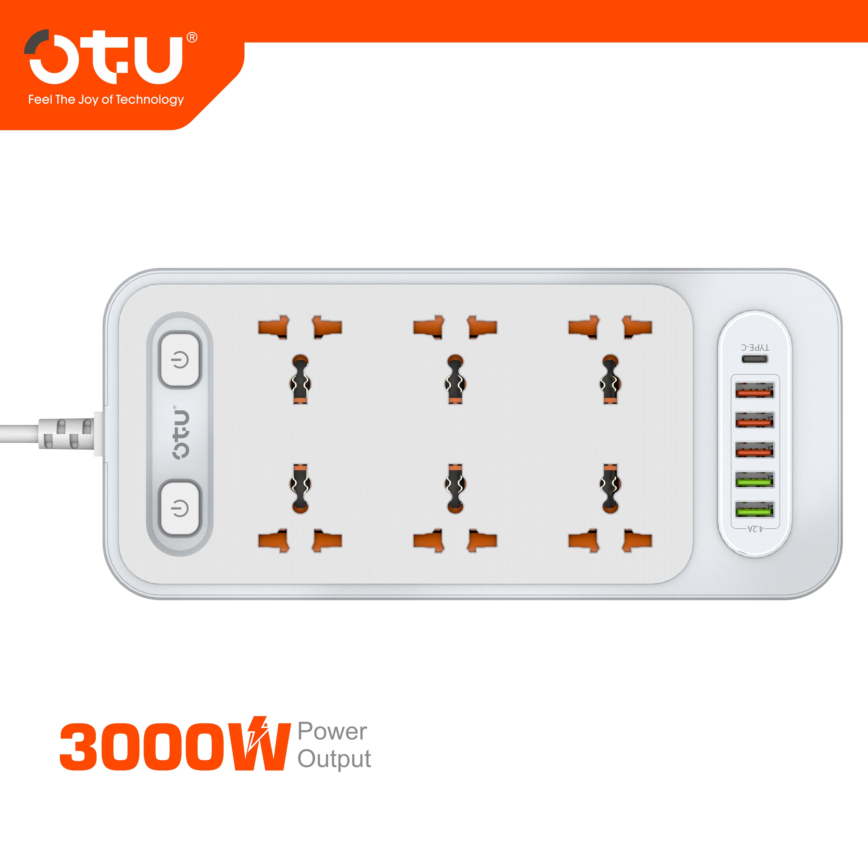 OTU BK03 3000W Power Strip with Double Safety Switch, Child-Proof Outlets, Surge & Fire Protection