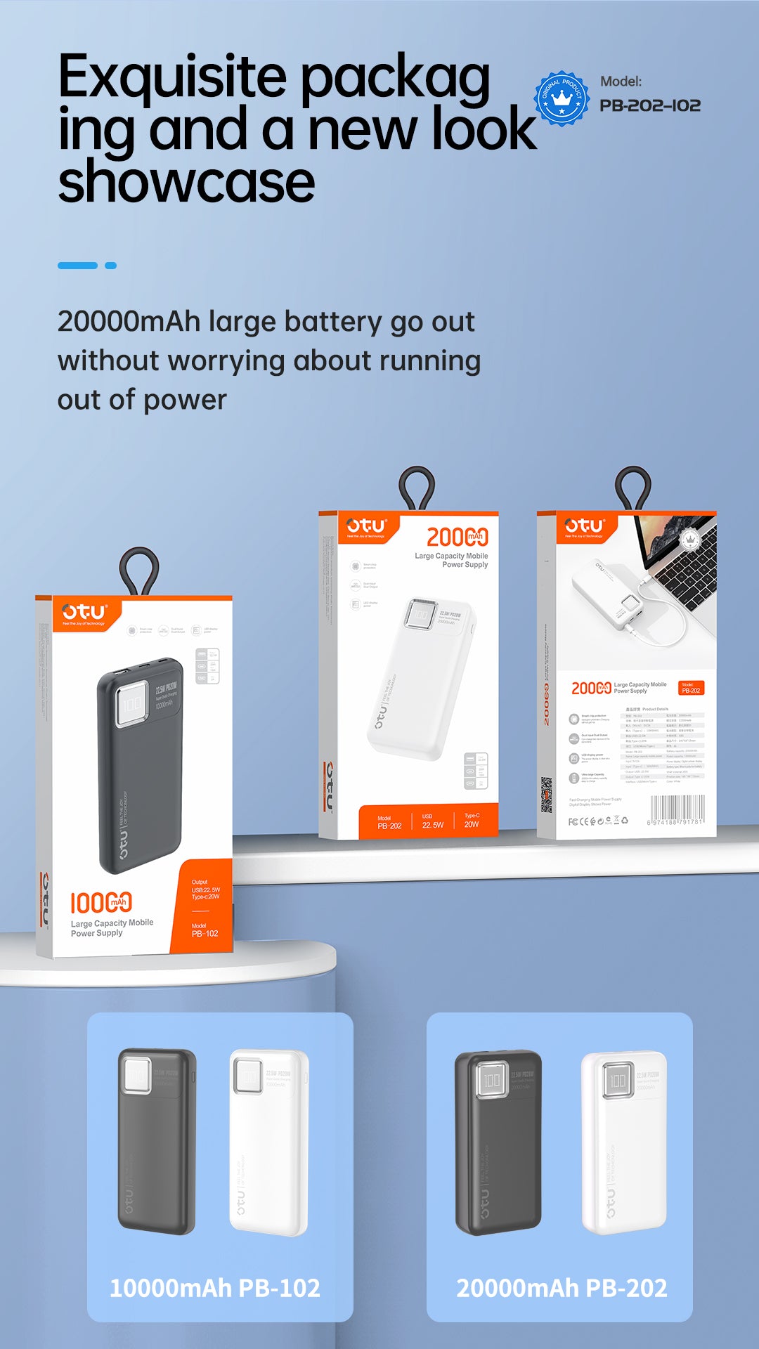 OTU PB202 20000mAh Power Bank with Digital Display – 22.5W High-Speed Portable Charger, Ultra-Safe Polymer Battery