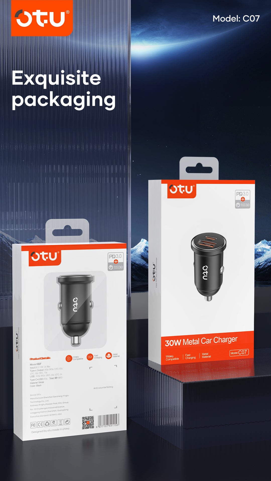 OTU CO7 30W Metal Car Charger – Dual Port USB C & USB A Fast Charger with Smart Chip for Cars & Trucks