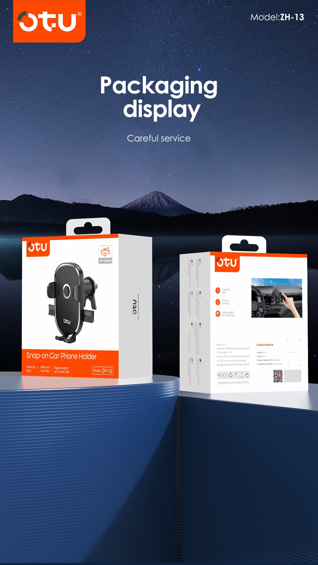 OTU ZH13 Universal Car Phone Mount Holder with One-Click Lock & 360° Rotation - Compatible with 4.7-7.2 inch Phones