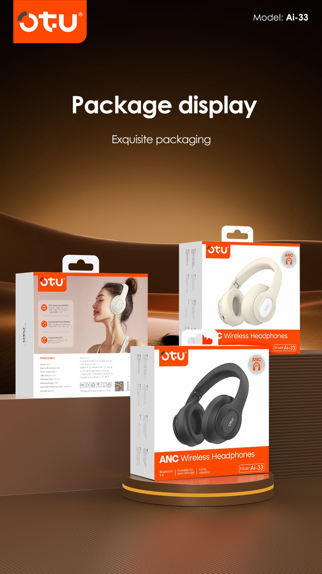 OTU Ai-33 ANC Wireless Headphones - 50H Battery, Active Noise Cancelling, Bluetooth 5.4, Foldable, Hi-Fi Sound