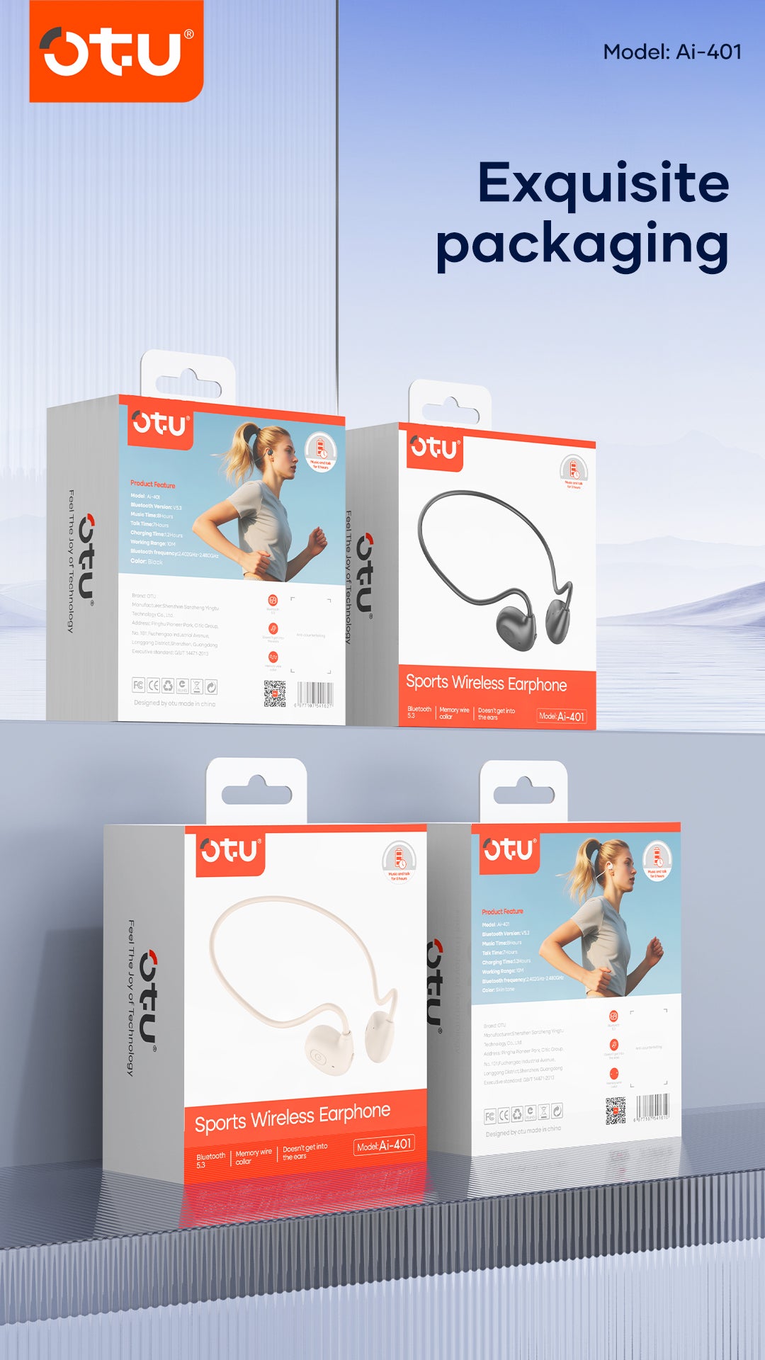 OTU Ai-401 Open Ear Sports Headphones - Bluetooth 5.3, 360° Panoramic Sound, ENC Noise Reduction, Titanium Frame, Sweatproof