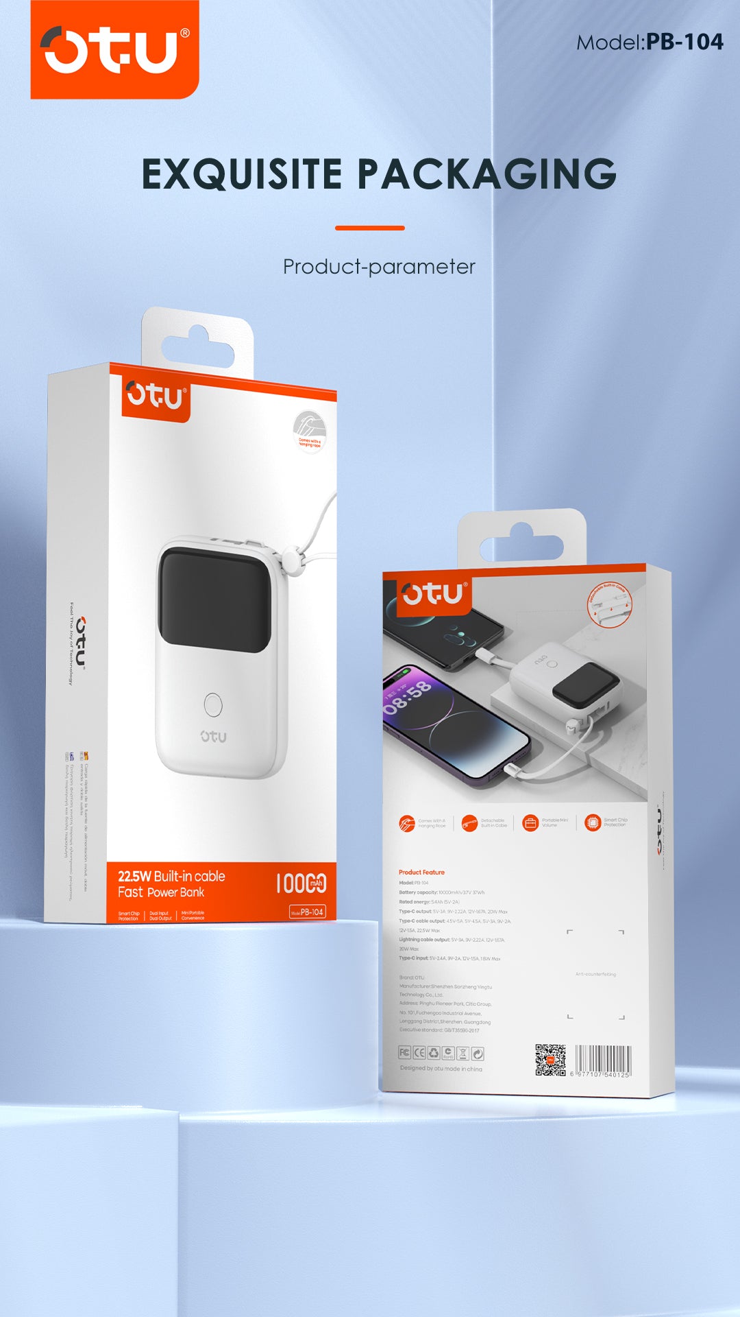 OTU PB104 10000mAh 22.5W Fast Charging Power Bank with Detachable Cables & Lanyard – Portable Charger with Type-C and Lightning Output