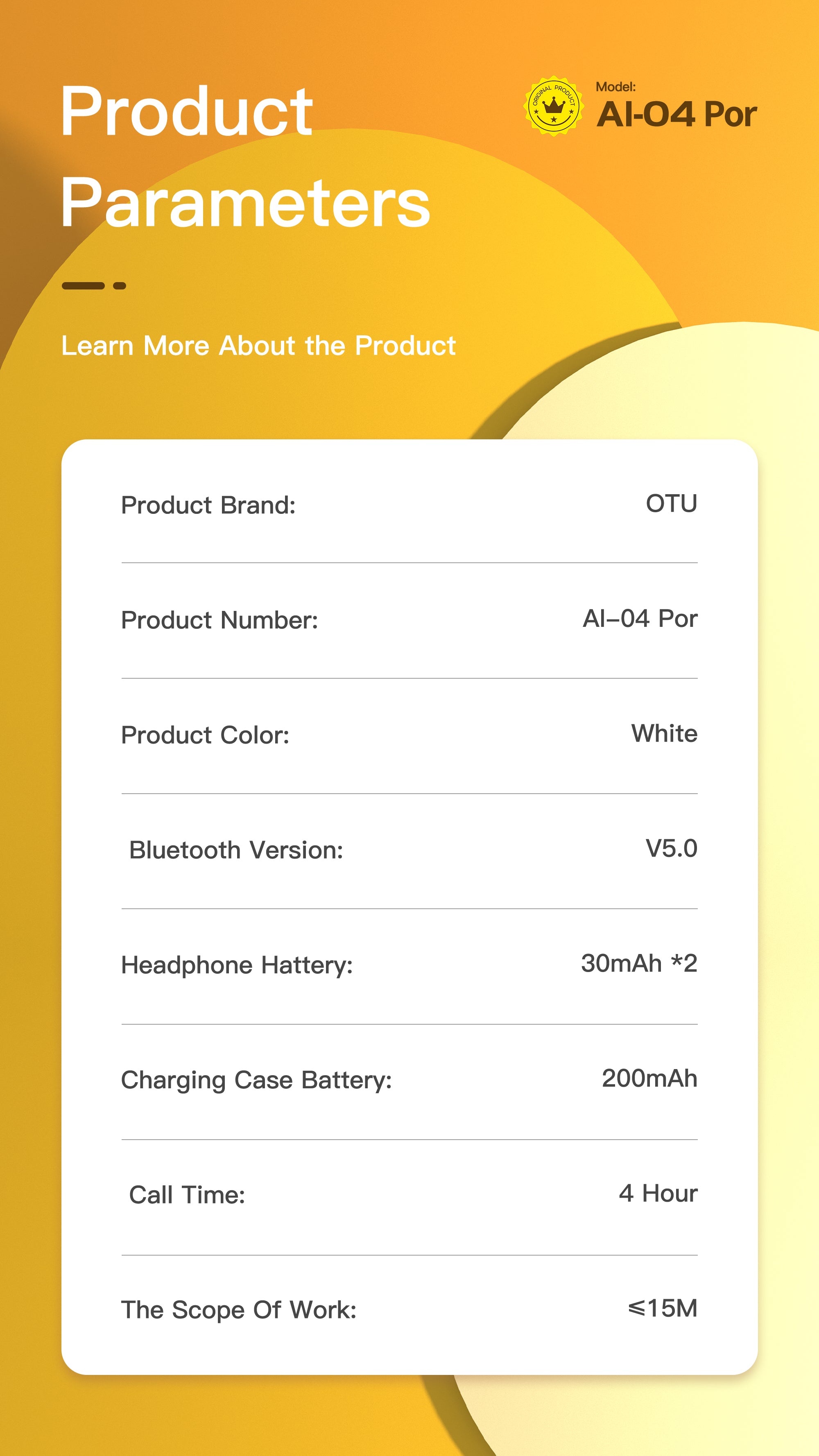 OTU AI-04 Pro Wireless Bluetooth Earbuds - 360° Stereo Sound, 4H Call Time, Bluetooth 5.0, Noise Cancelling