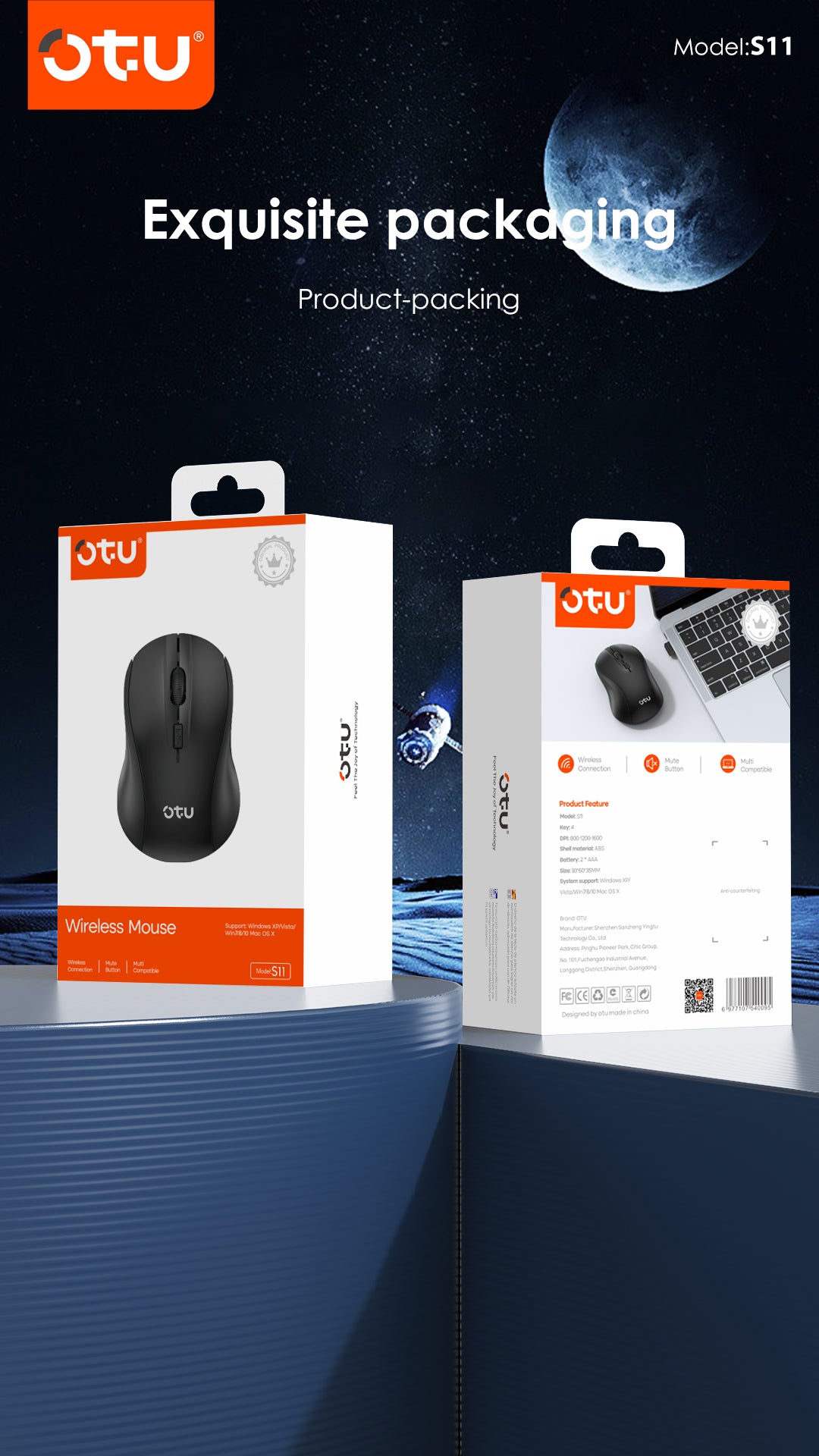 OTU S11 Wireless Mouse, 2.4G Silent Click Ergonomic Mouse with 3 Adjustable DPI, 3D Anti-Slip Scroll for PC, Laptop, Mac, Windows & mac IOS