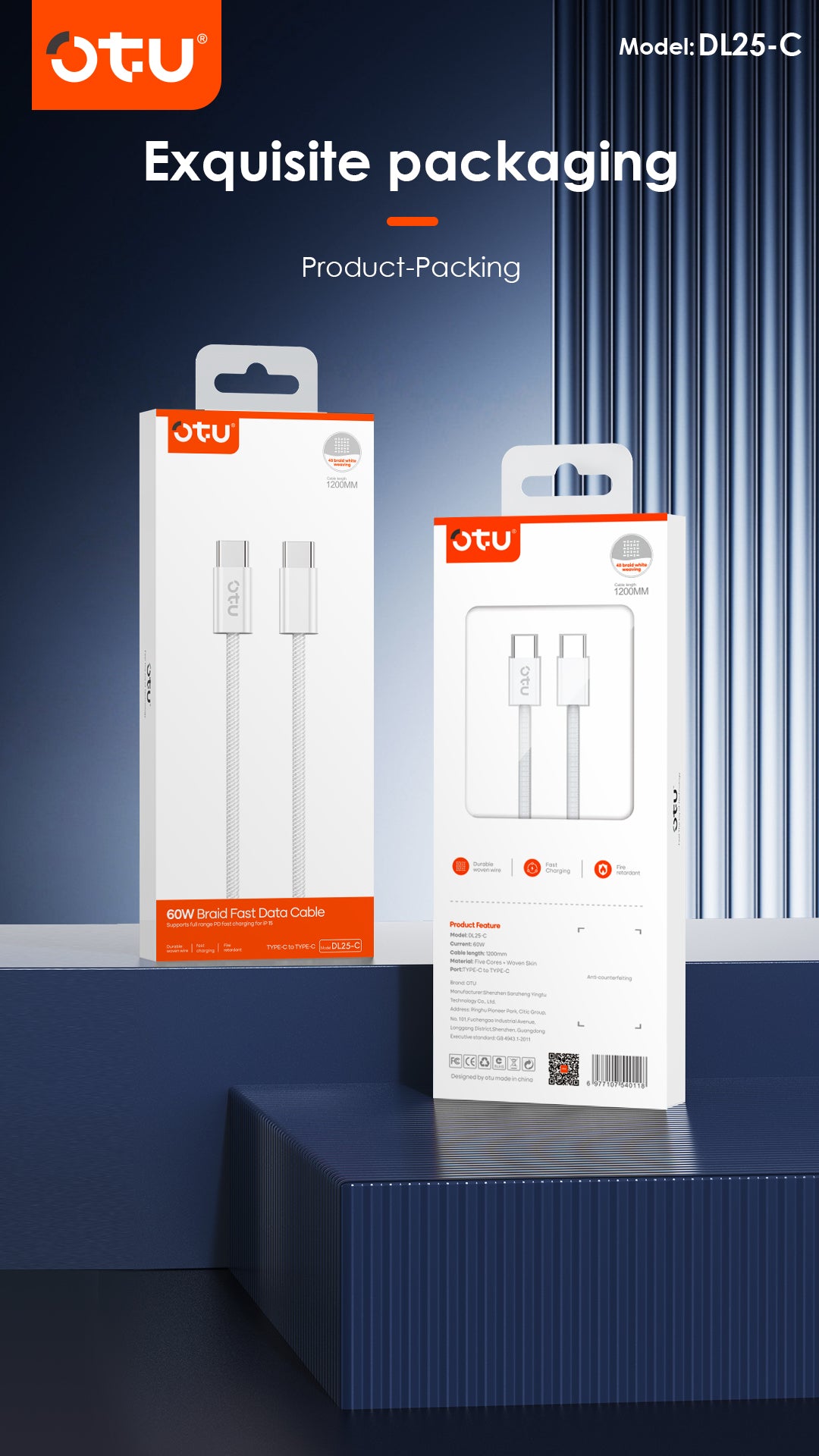 OTU DL25 60W USB-C to USB-C Fast Charging Cable PD Compatible with Apple 15 - Braided Durable & Data Sync
