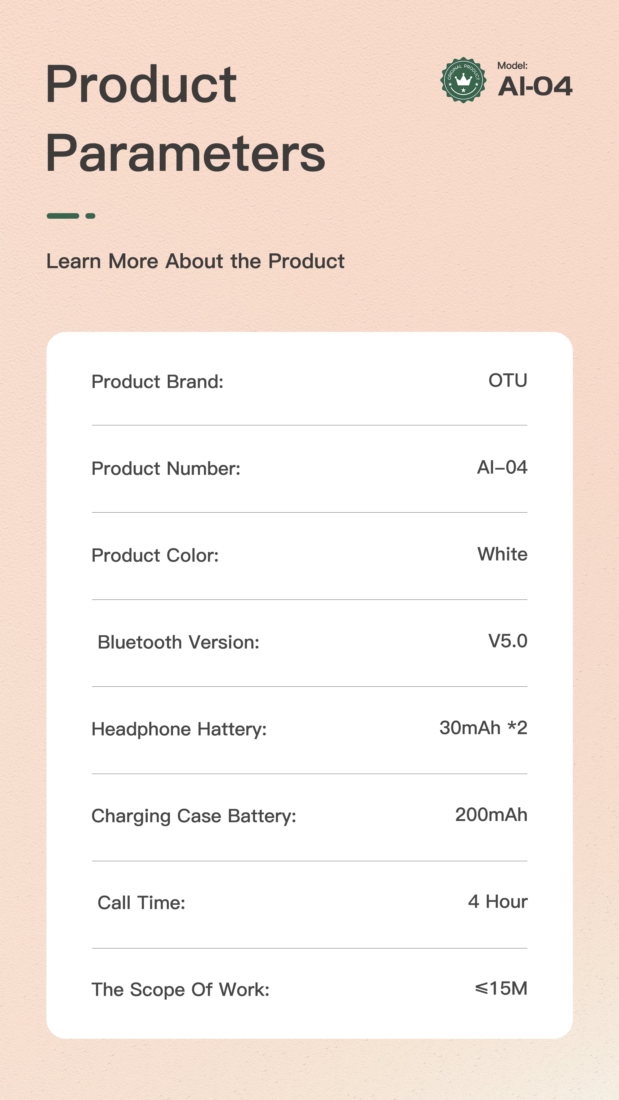 OTU AI-04 Wireless Earbuds - Bluetooth 5.0, 13mm Graphene Drivers, Hi-Fi Stereo Sound, 4H Call Time, Smart Noise Reduction