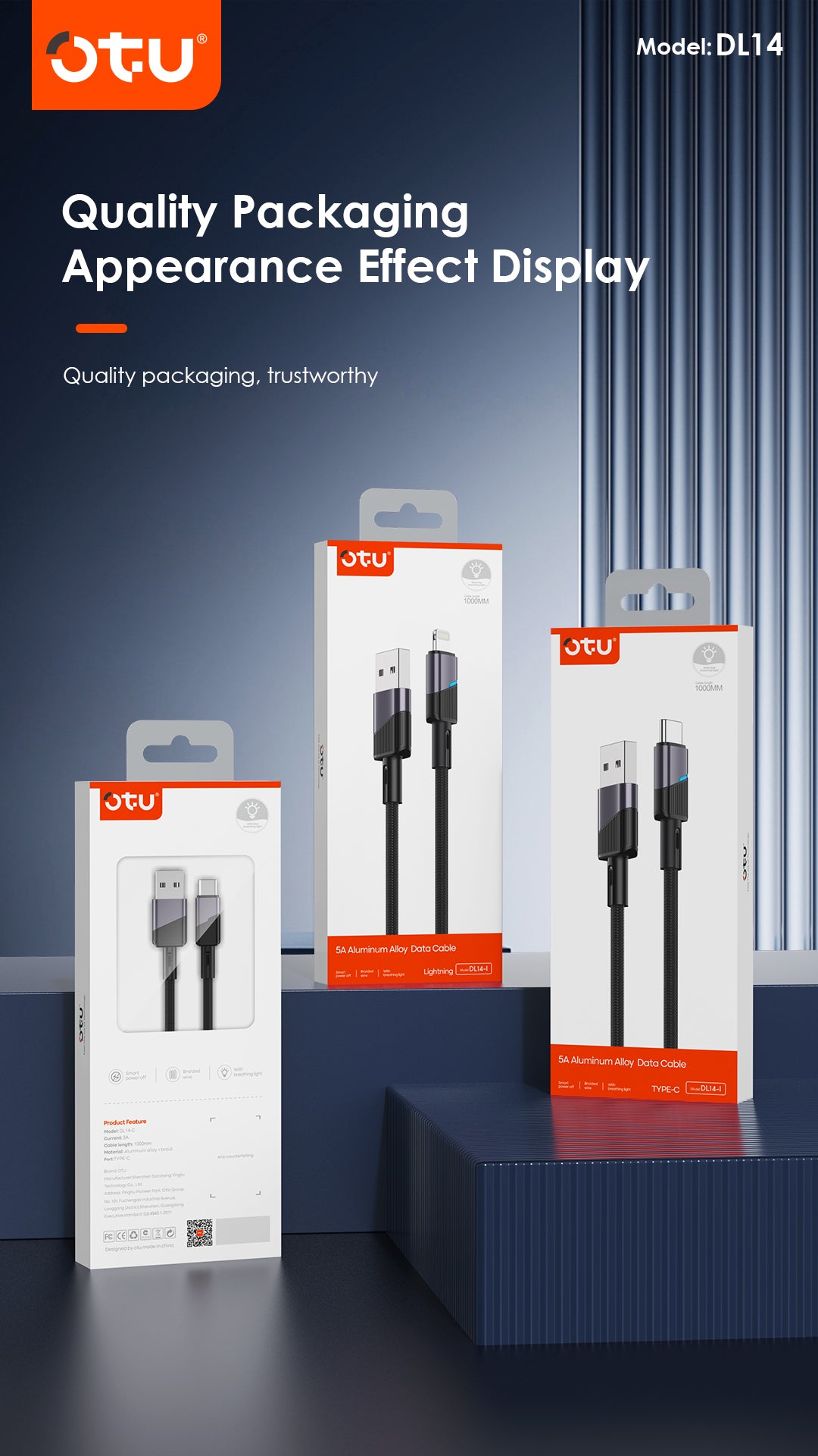 OTU DL14 5A Fast Charging Cable with Smart Chip - Safe & Durable Braided USB Cable for Quick Charge and Data Transfer