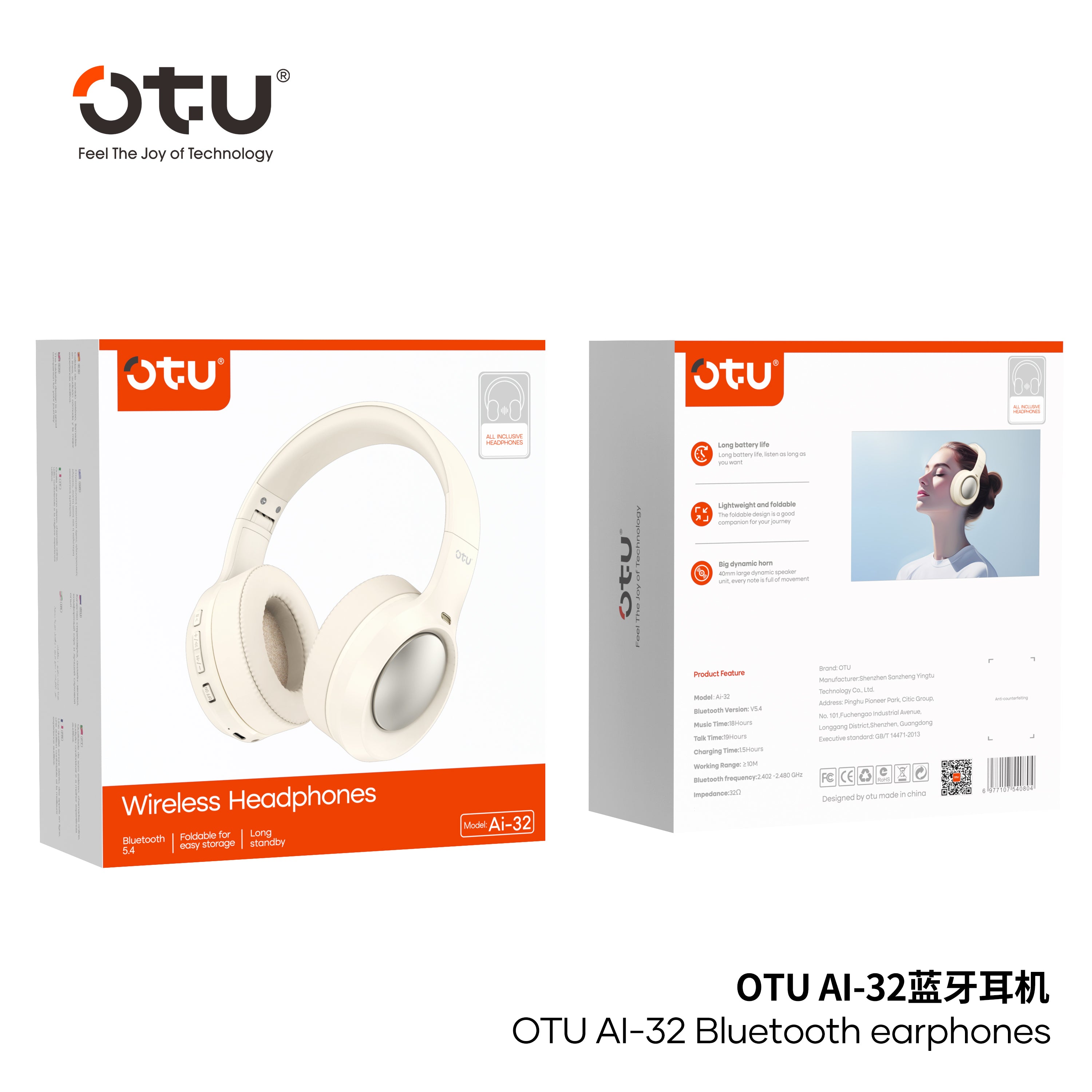OTU Ai-32 Bluetooth Headphones - 30H Playtime, ENC Noise Cancelling, Foldable, Hi-Fi Sound, Bluetooth 5.4