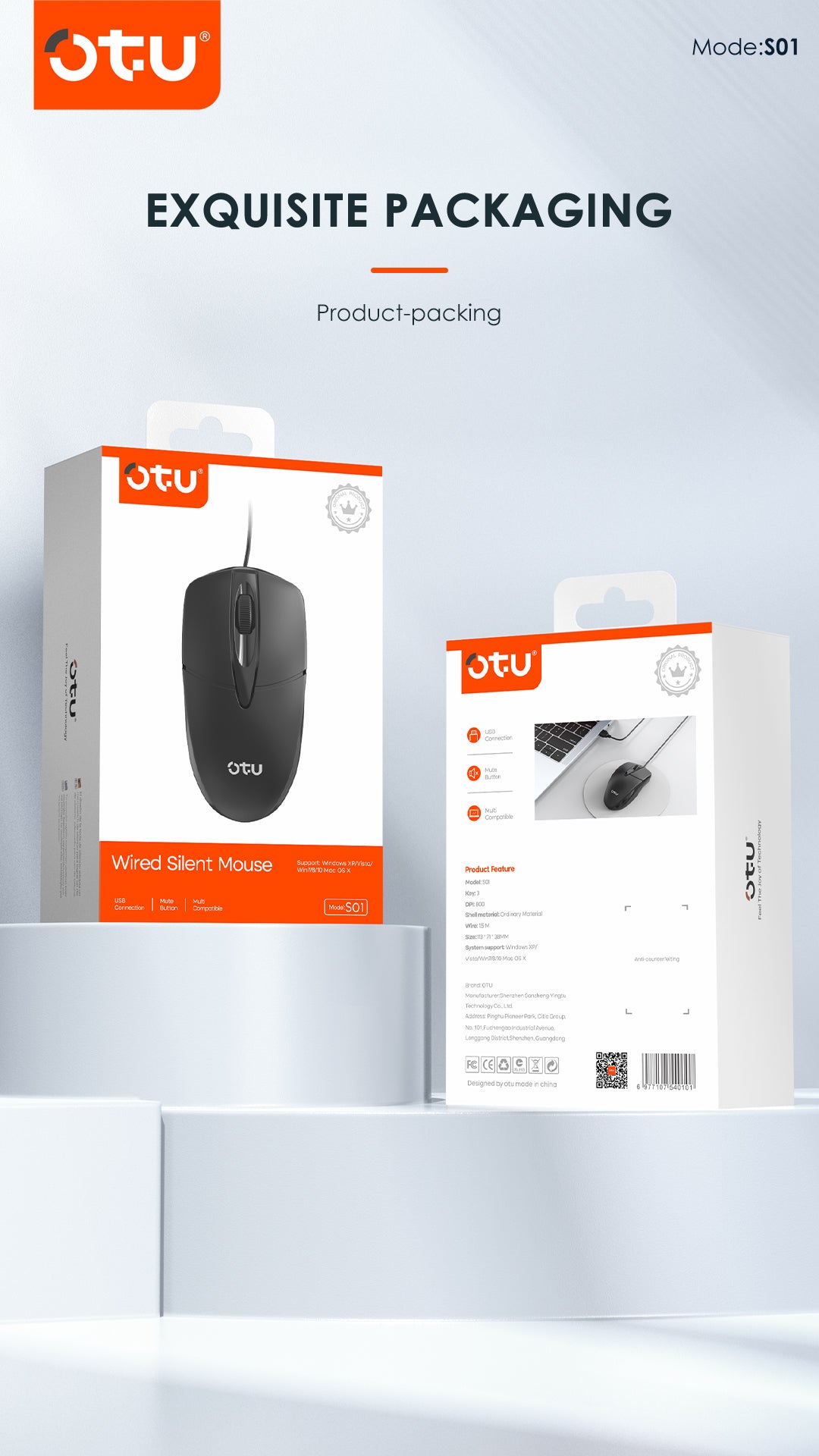 OTU S01 Ultra-Quiet USB Computer Mouse - Ergonomic, 8 Million Clicks, Plug & Play for PC, Mac, Laptop
