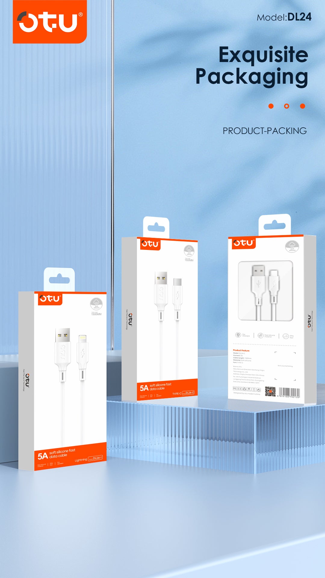 OTU DL24 5A Super Fast Charging Cable 1.5M - Ultra Soft Silicone USB Cable for Type-C & Lightning, High Speed Data Sync & Safe Charging