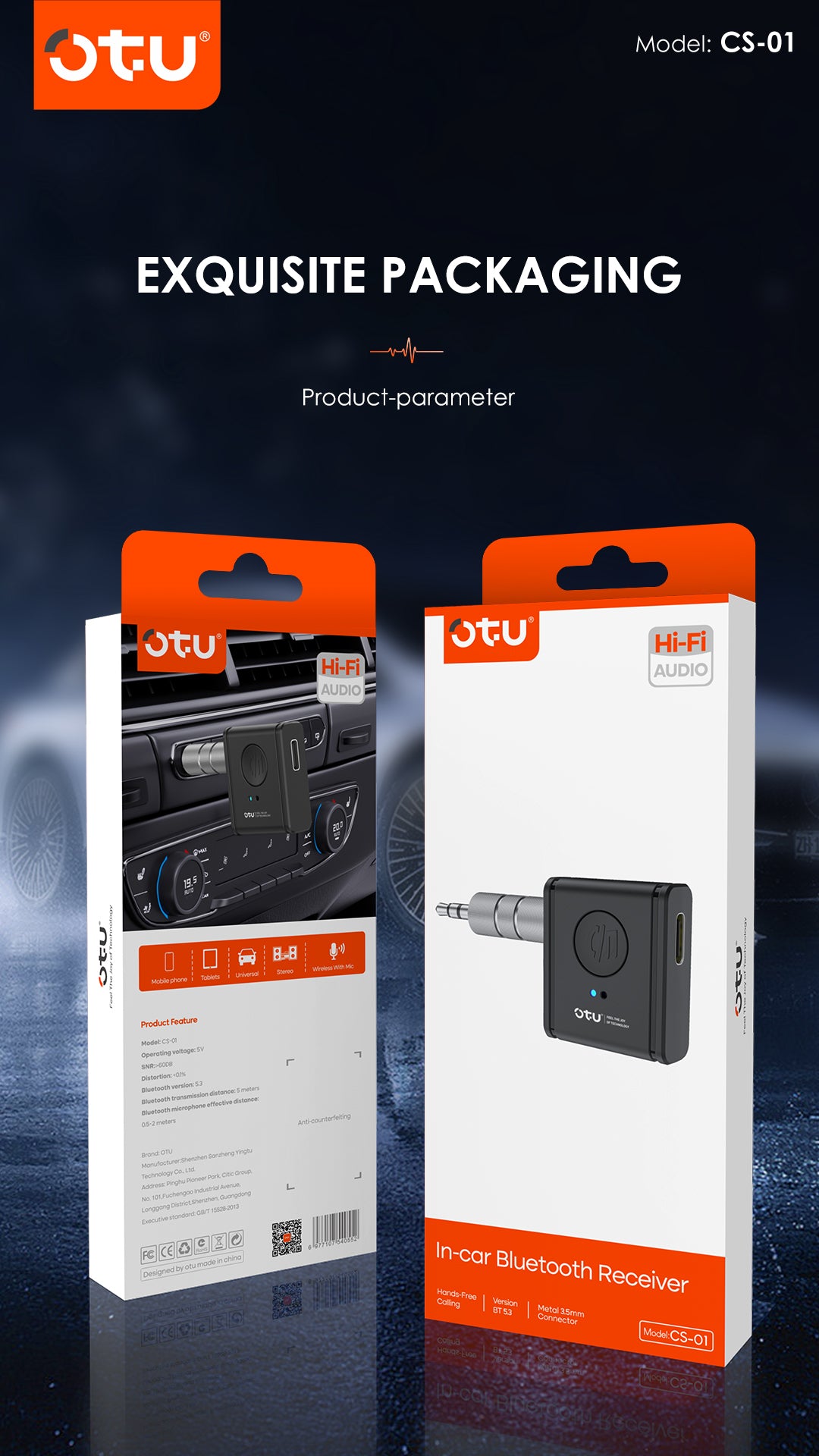 OTU CS01 Bluetooth 5.3 Audio Adapter – Dual Mode Receiver & Transmitter for Car and Home Use
