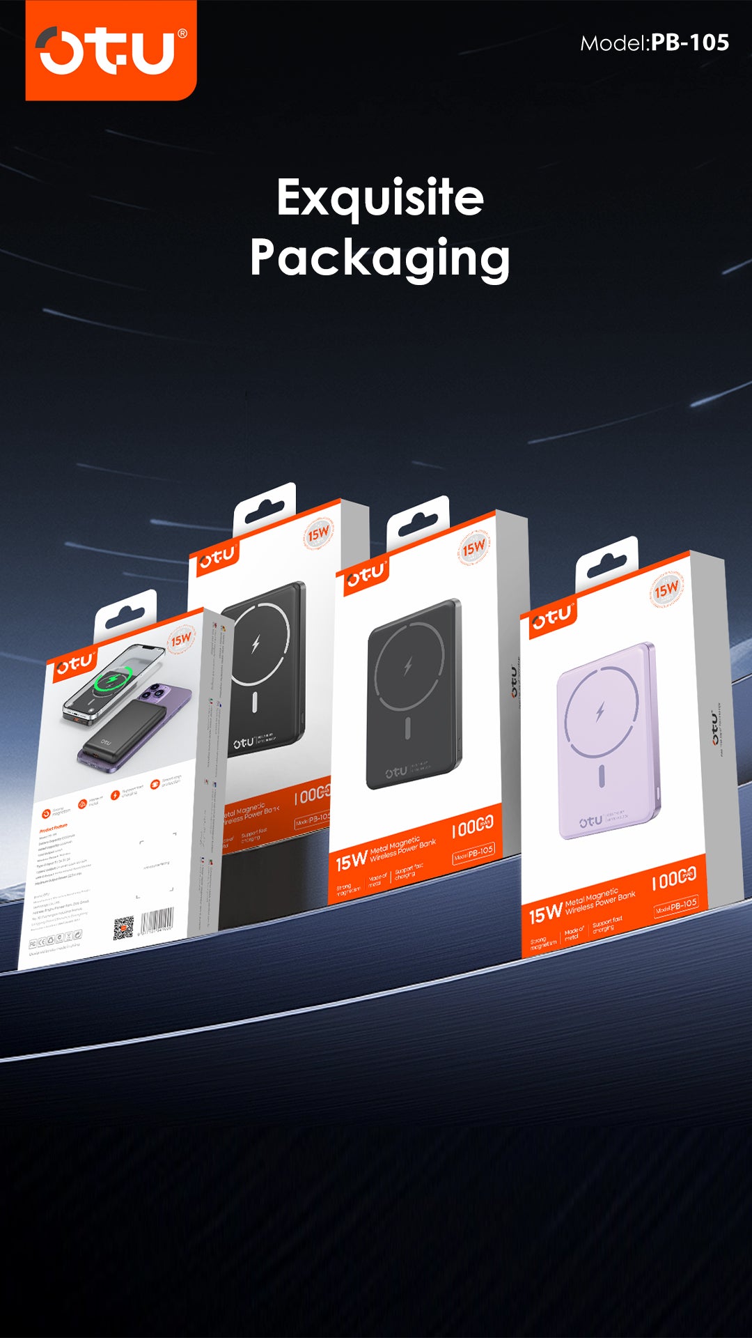 OTU PB105 power bank with cable, 22.5W fast charging, lanyard power bank,  compact power bank, iPhone charger, Android charger, Type-C power bank, travel charger, battery pack with display, slim power bank, emergency charger, mobile accessory