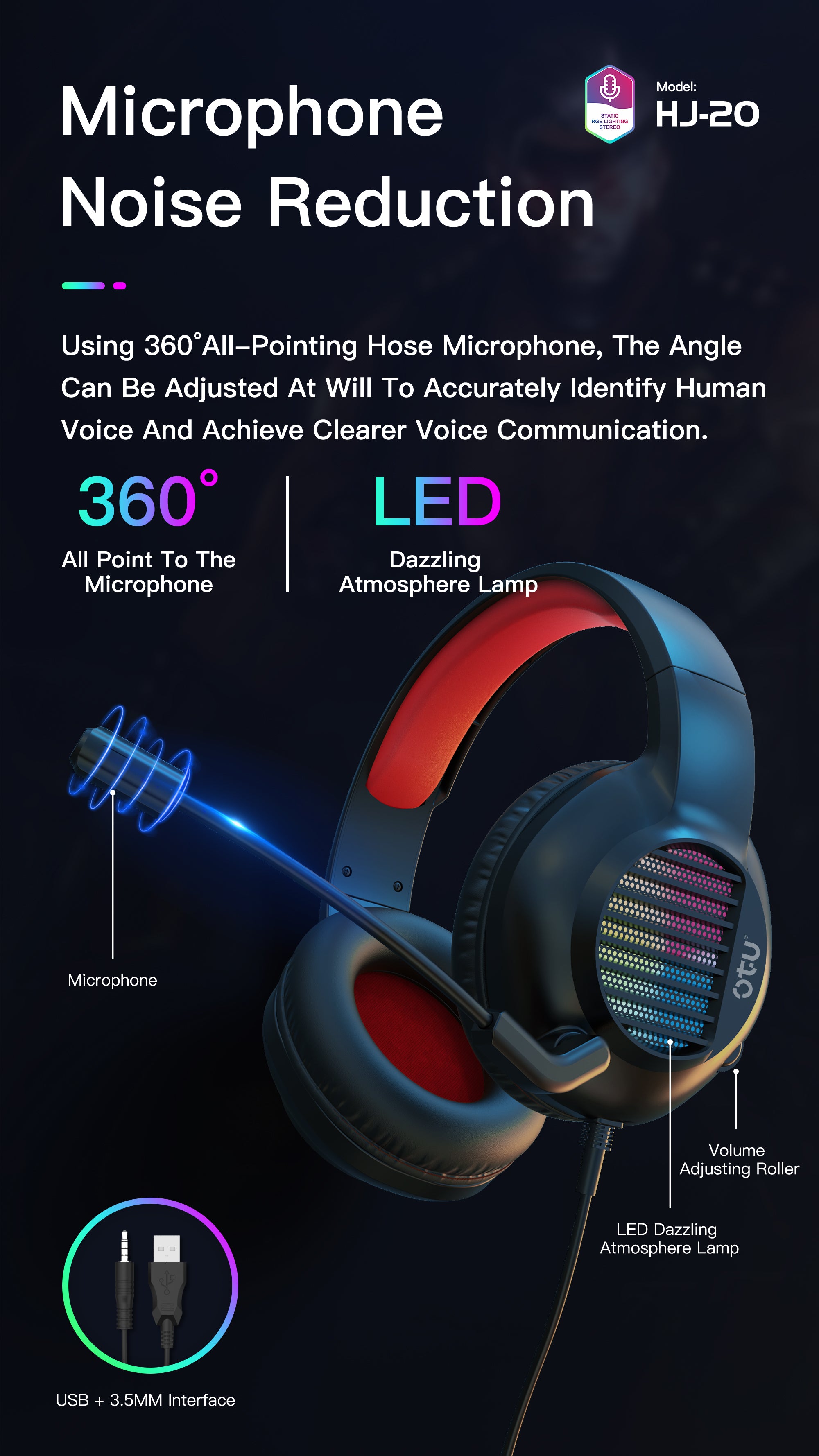 OTU HJ-20 Wired Gaming Headset - 360° Stereo Sound, Noise Cancelling Mic, RGB Lights for PC, PS4, Xbox