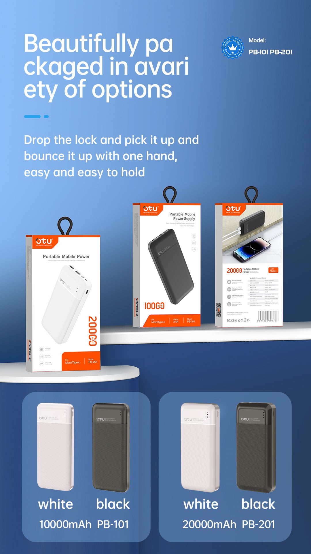 OTU PB201 20000mAh Ultra-Compact Portable Charger – Dual USB Output, High-Speed Power Bank for Phones & Devices