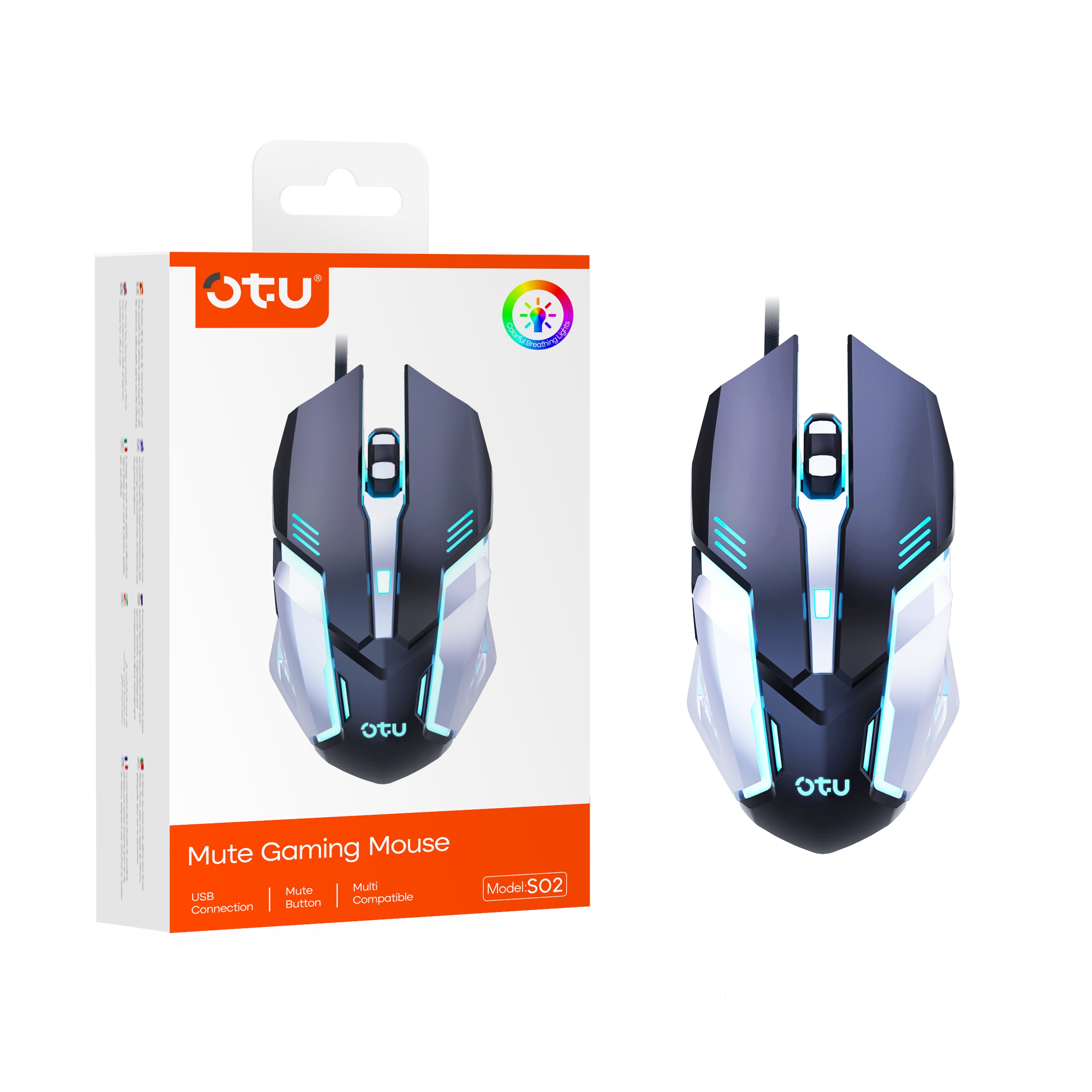 OTU S02 Wired Gaming Mouse – 7 Color RGB Breathing Light, 4 DPI Settings, Ergonomic, Silent Click