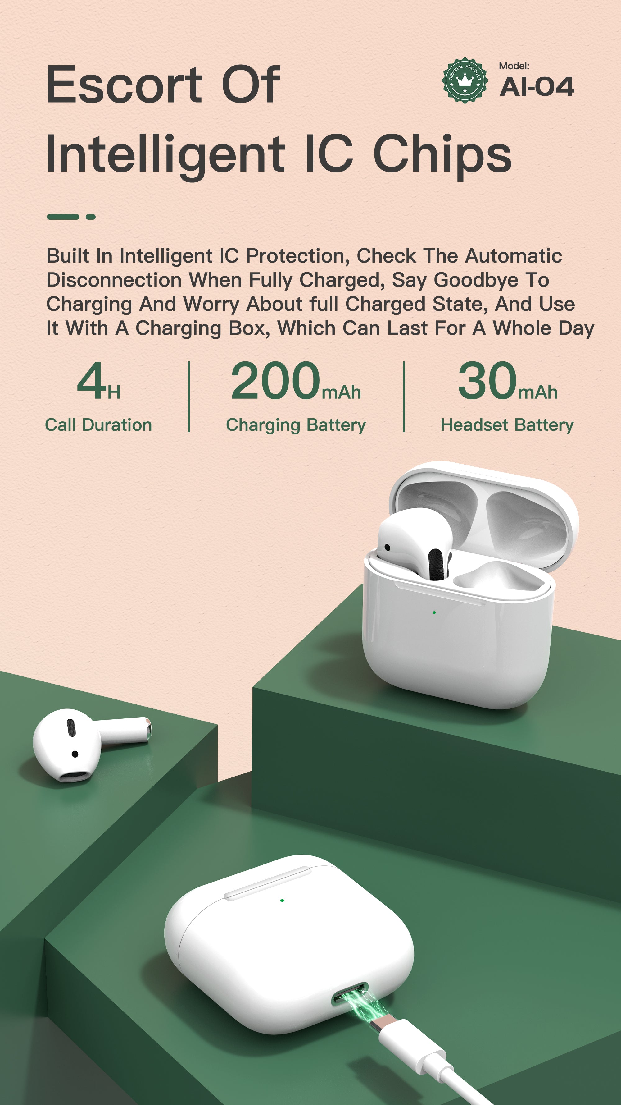 OTU AI-04 Wireless Earbuds - Bluetooth 5.0, 13mm Graphene Drivers, Hi-Fi Stereo Sound, 4H Call Time, Smart Noise Reduction