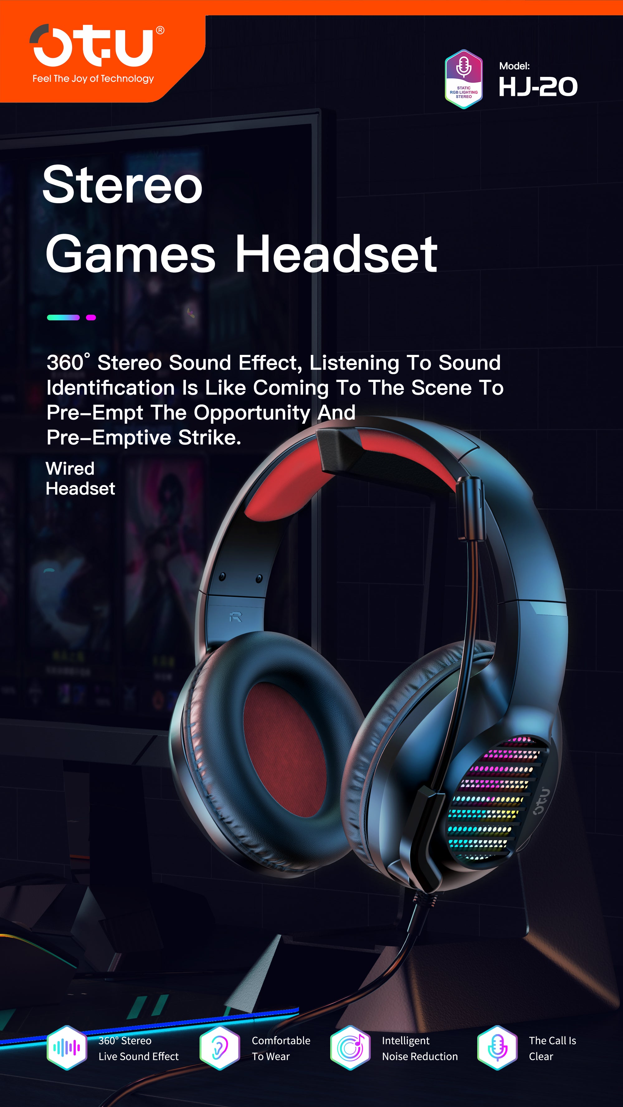 OTU HJ-20 Wired Gaming Headset - 360° Stereo Sound, Noise Cancelling Mic, RGB Lights for PC, PS4, Xbox