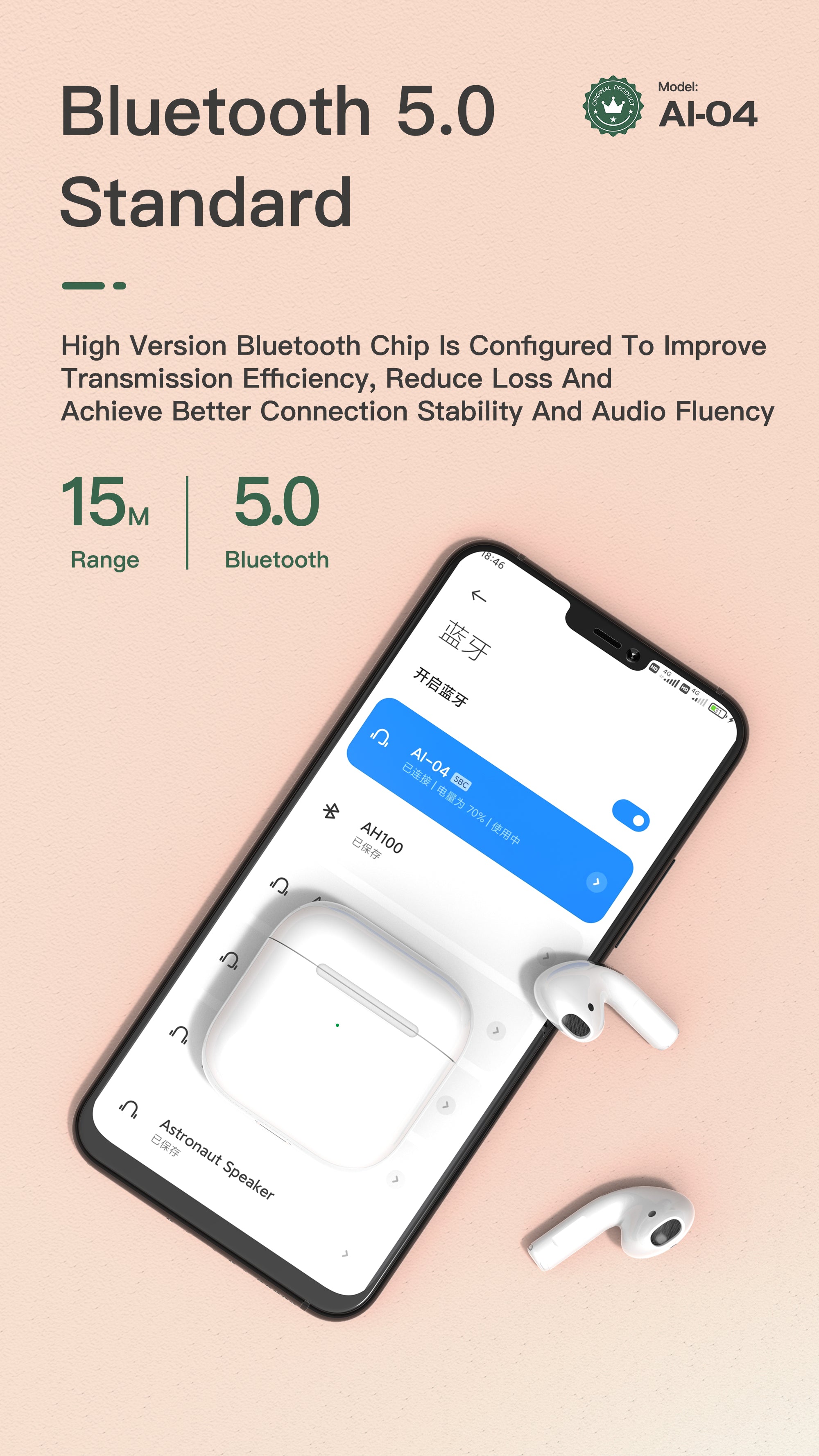 OTU AI-04 Wireless Earbuds - Bluetooth 5.0, 13mm Graphene Drivers, Hi-Fi Stereo Sound, 4H Call Time, Smart Noise Reduction