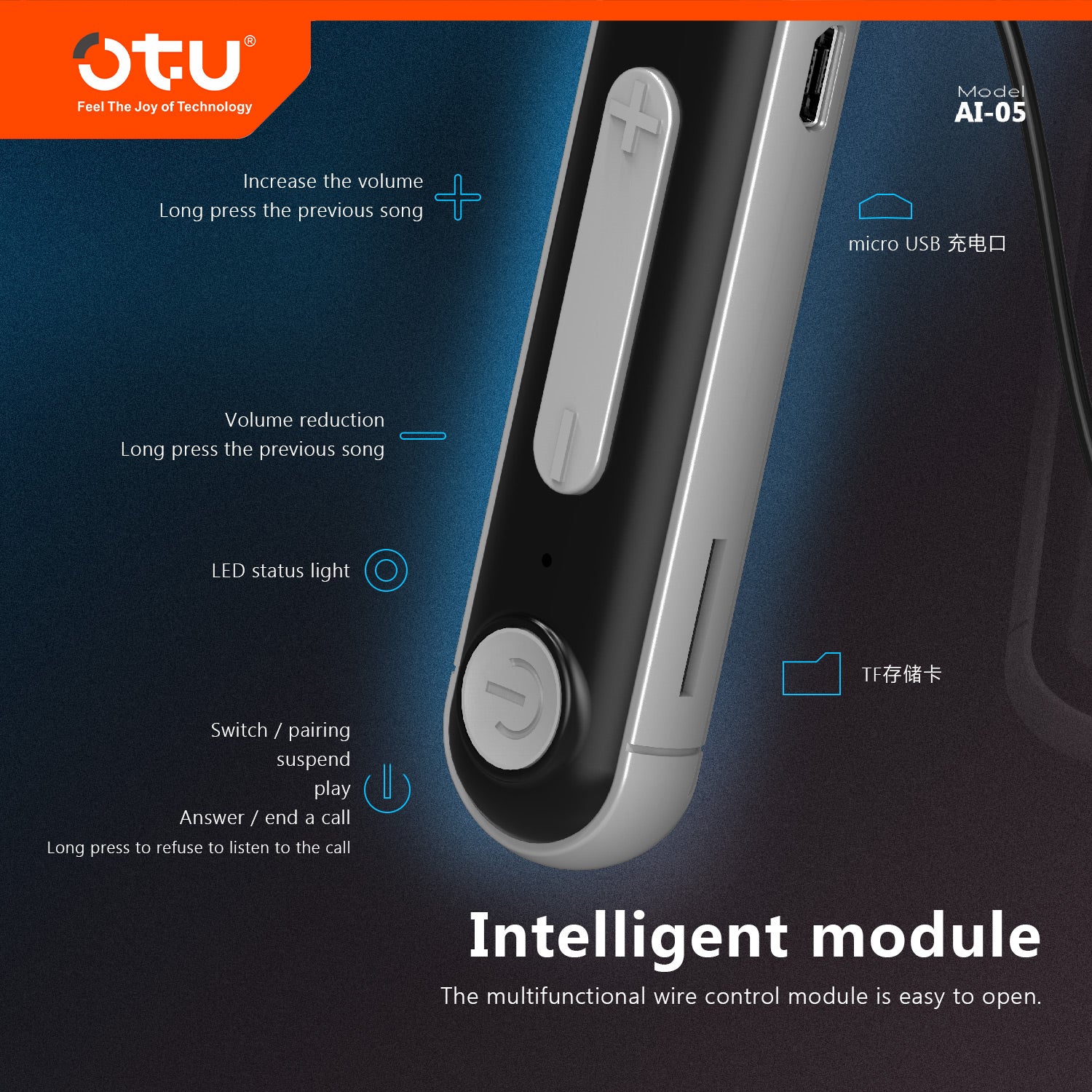 OTU AI05 Wireless Bluetooth 5.0 Earbuds, Sports Earphones with Noise Cancellation, Sweatproof, Secure Fit for Running and Gym