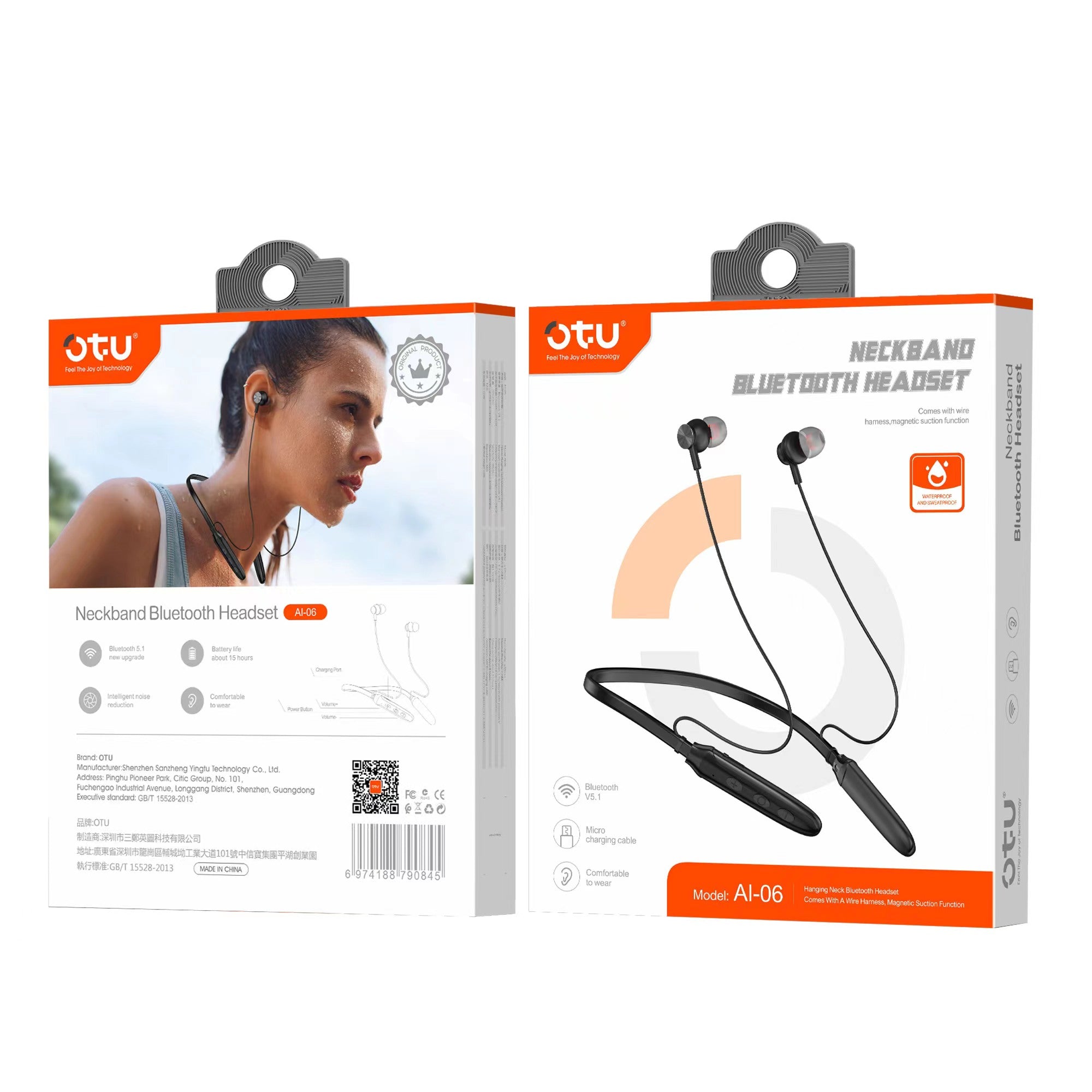 OTU AI06 Neckband Bluetooth Headphones, 8H Playback Sports Headset with HiFi Stereo, Secure Fit for Running and Workout