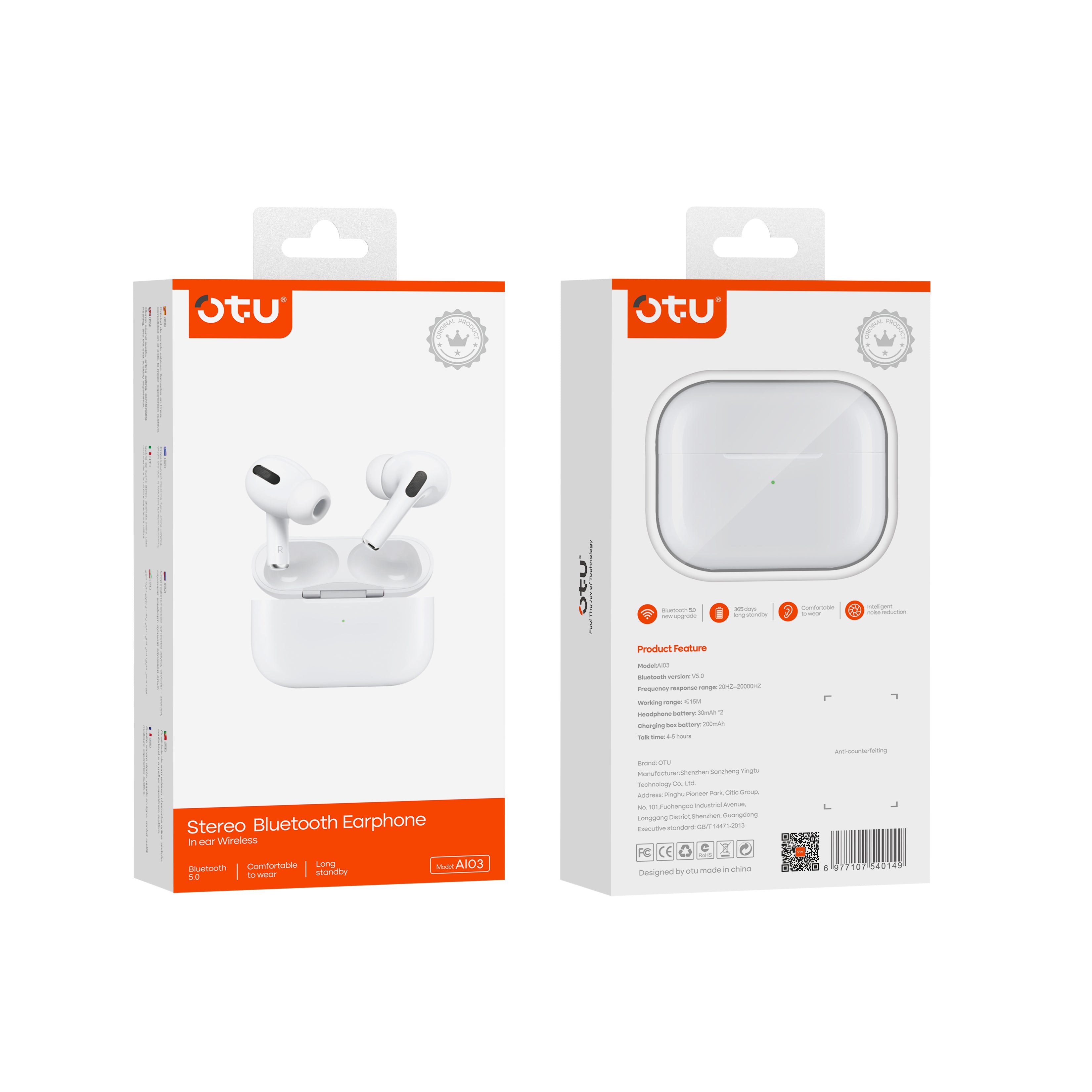 OTU AI03 HIFI Stereo Wireless Earbuds – Deep Bass, Bluetooth 5.0, 4H Talk Time