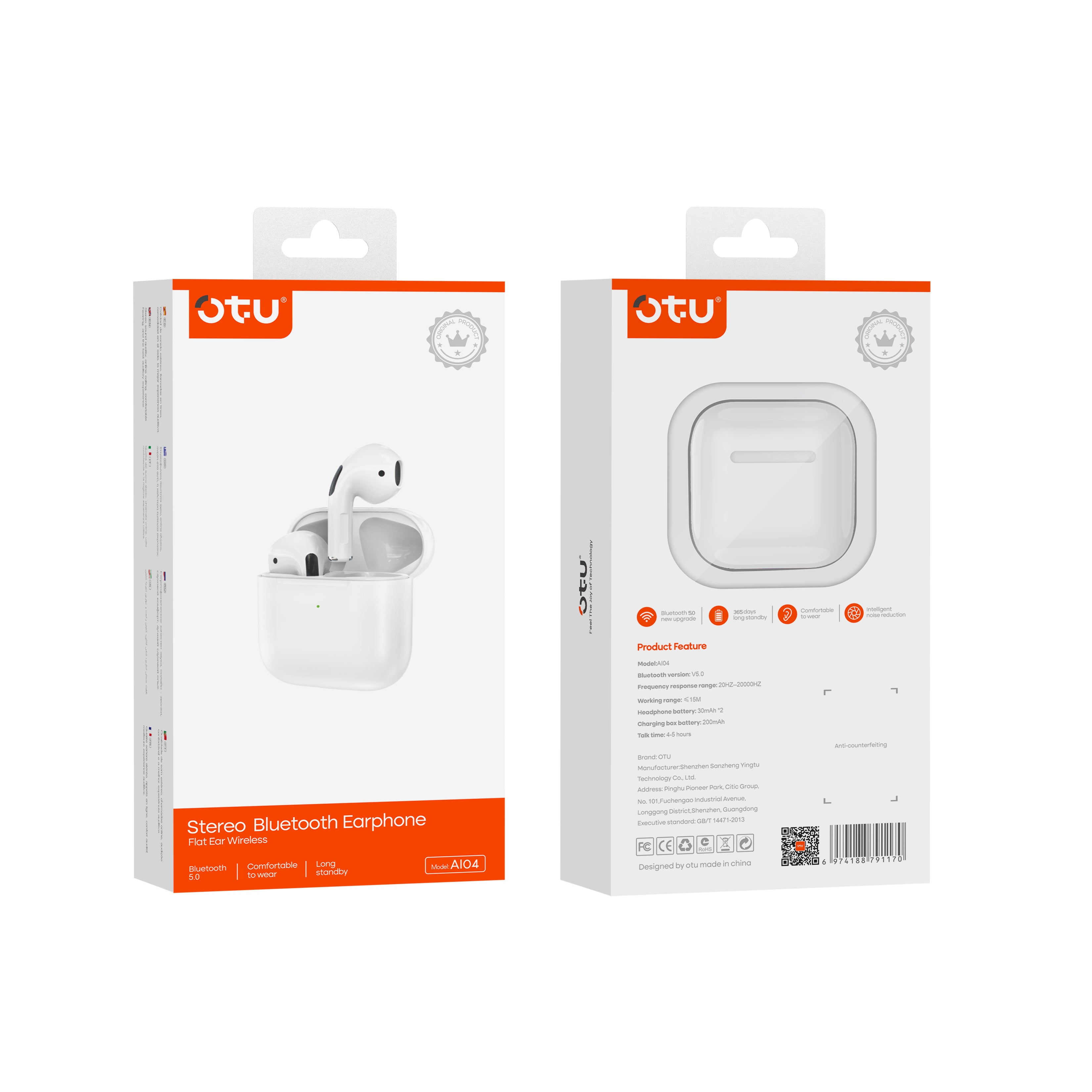 OTU AI-04 Wireless Earbuds - Bluetooth 5.0, 13mm Graphene Drivers, Hi-Fi Stereo Sound, 4H Call Time, Smart Noise Reduction