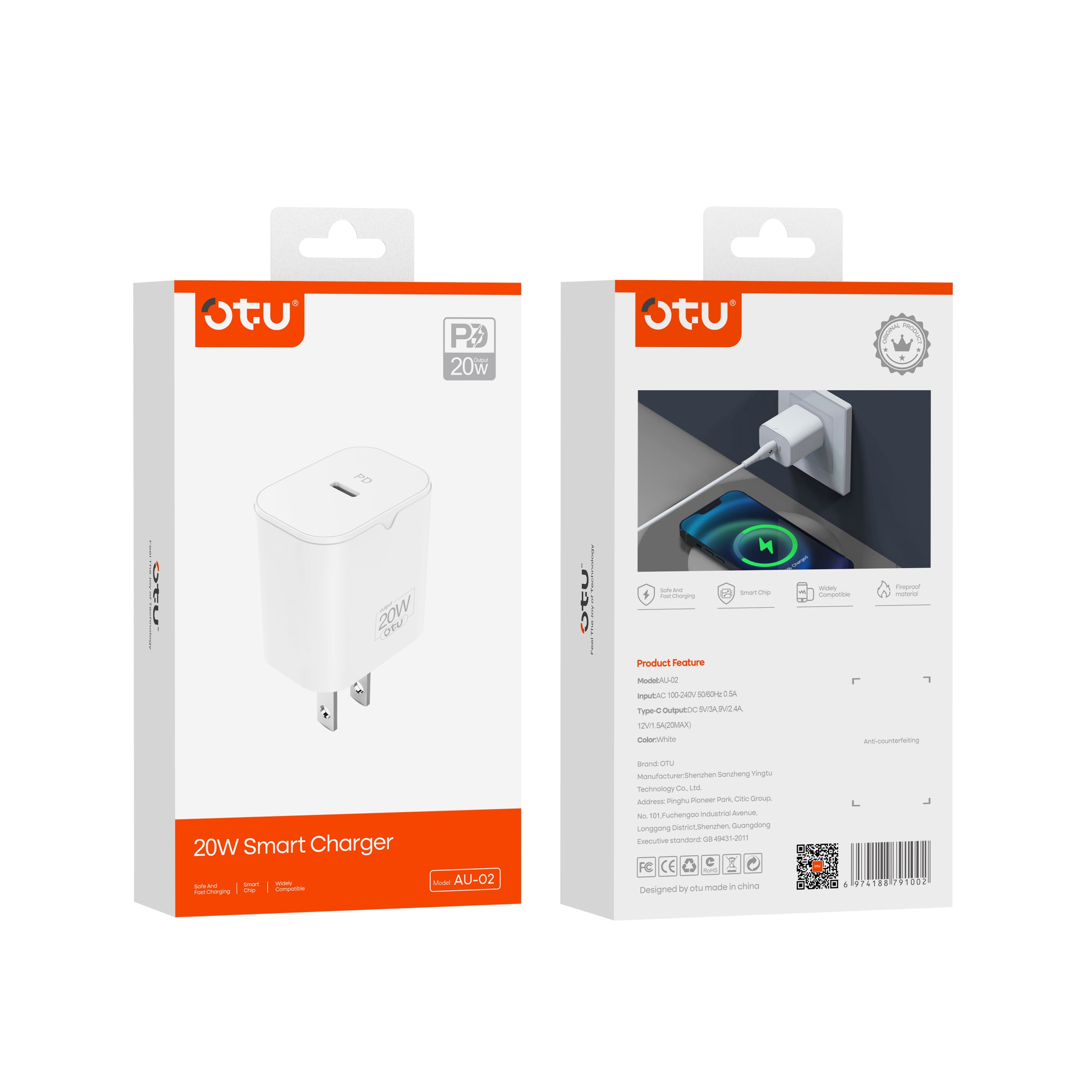 OTU AU02 20W Single-Port USB-C Fast Wall Charger with US/EU Plug — Safe & Compact PD Charger for iPhone & Android