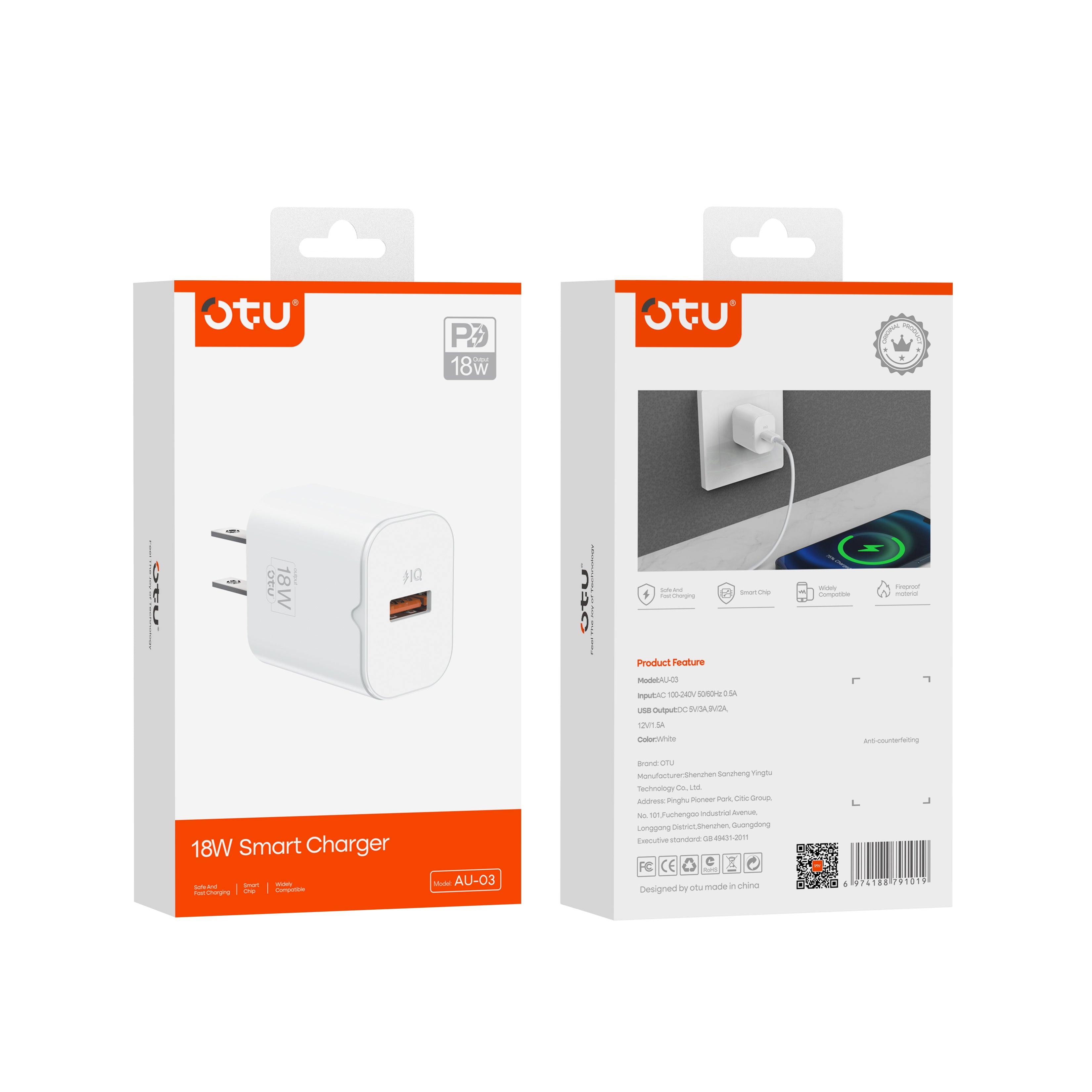 OTU AU03 18W Smart Fast Charger - Safe QC3.0 Single Port Wall Adapter for iPhone, Huawei, and More (US/EU Plug Options)