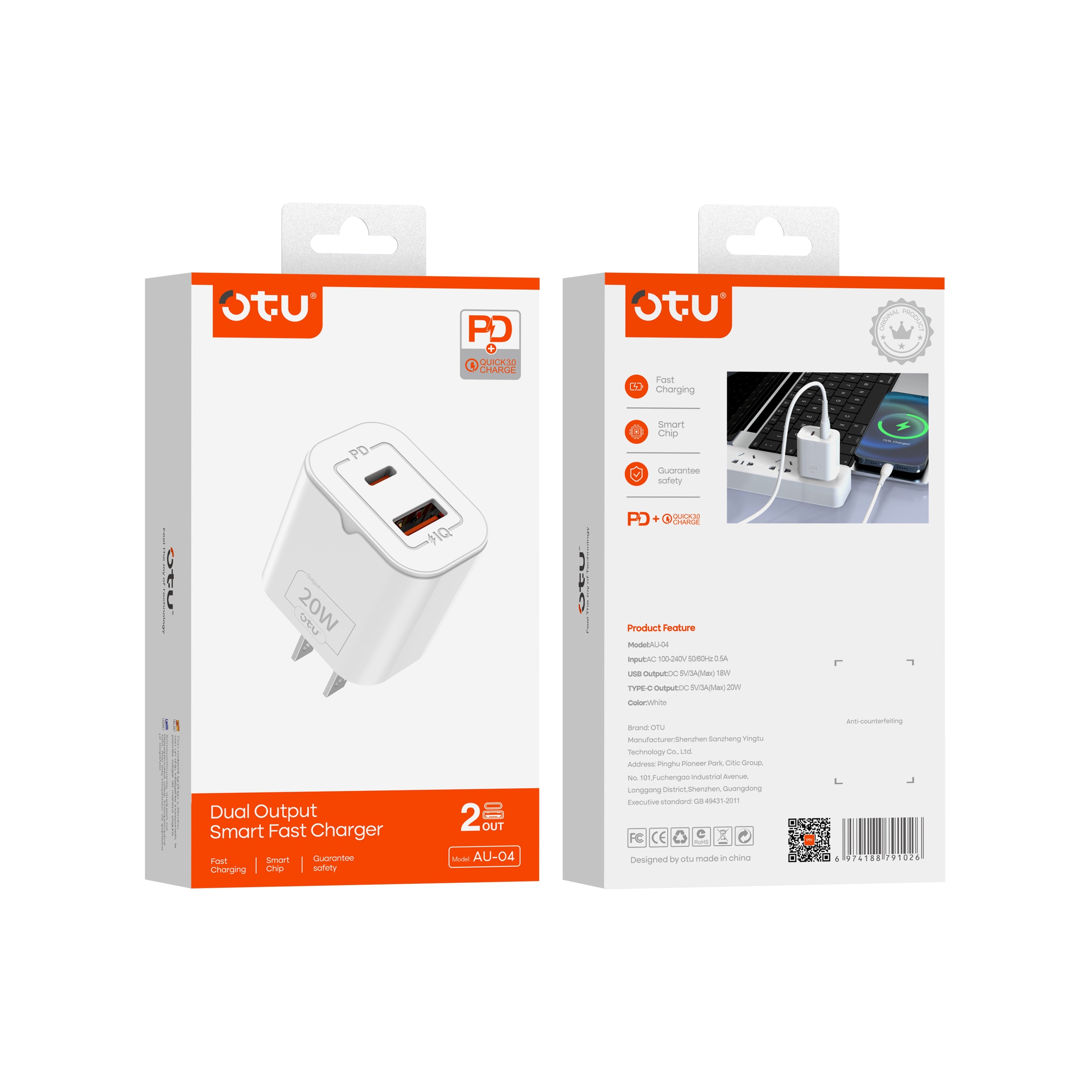 OTU AU04 Dual Port Fast Charger - 20W PD & QC3.0 Smart Charger with Fireproof Design for iPhone, Huawei, and More (Model: AU-04/EU-11)